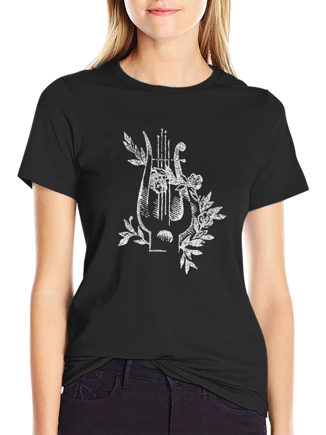 Floral Lyre Graphic Tee - Classic Black