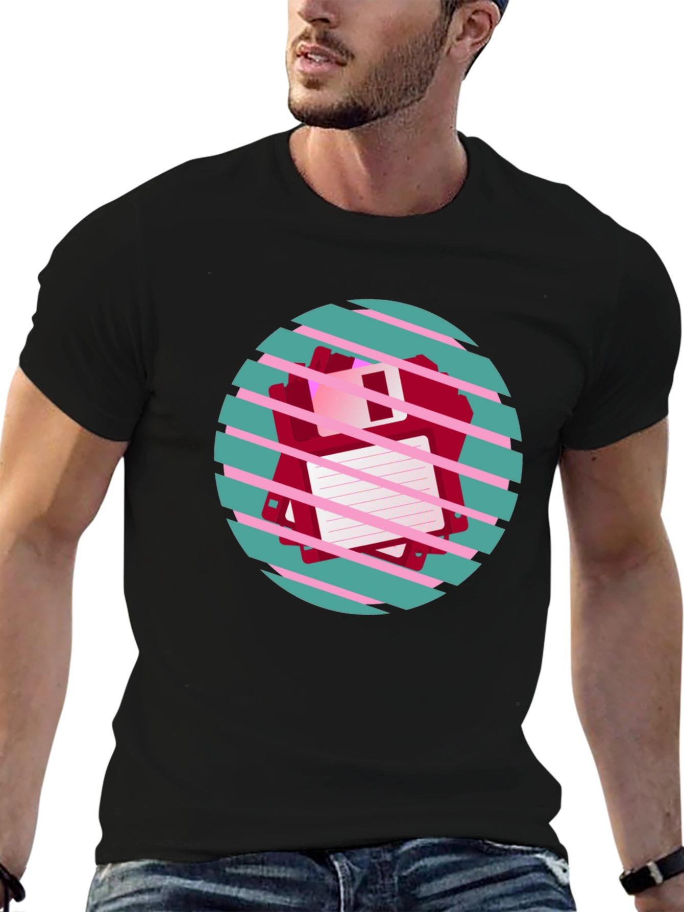 Retro Floppy Disk Graphic Tee - Black Crew Neck