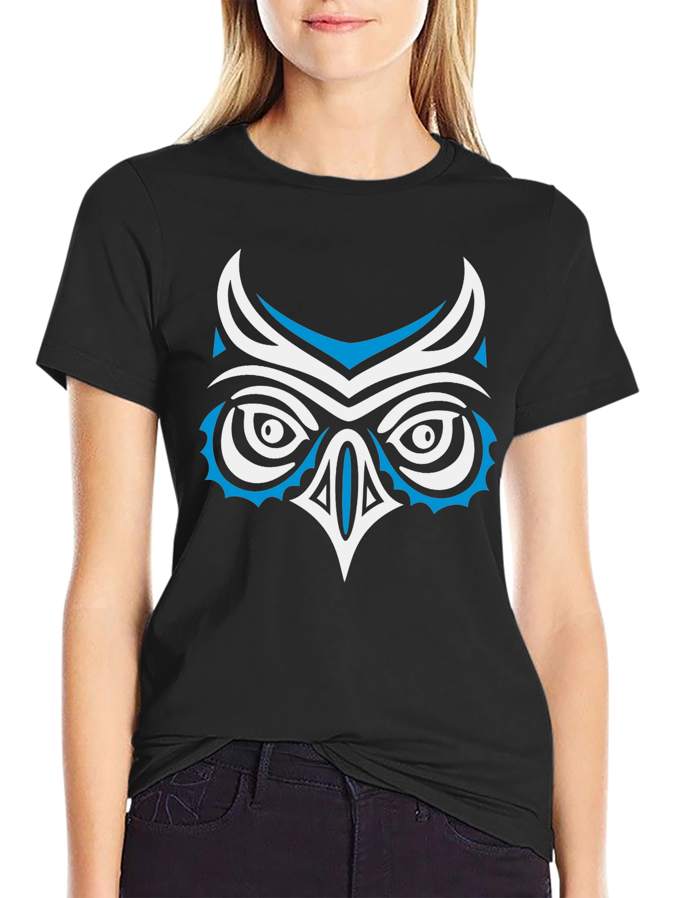 Stylized Owl Graphic Print Black T-Shirt