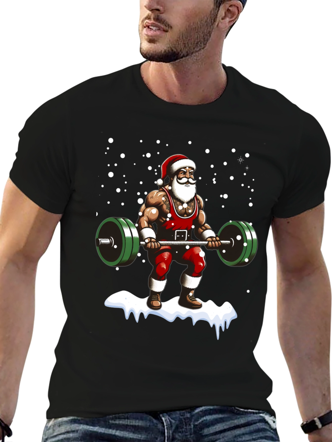 Muscular Santa Lifting Weights Holiday T-Shirt