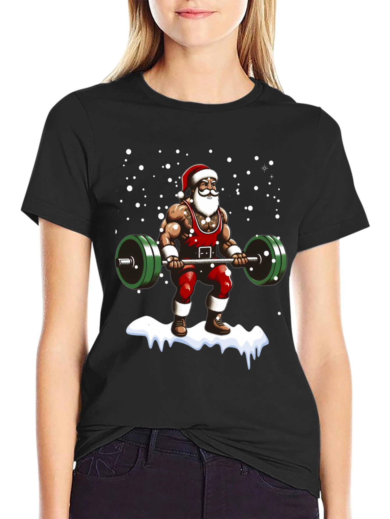 Muscular Santa Lifting Weights Holiday T-Shirt