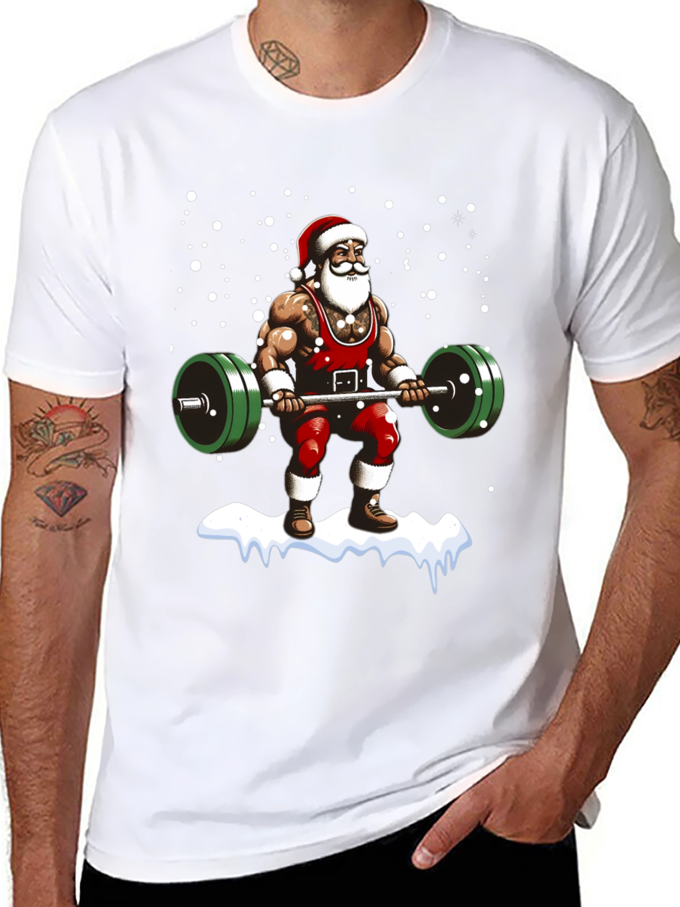 Muscular Santa Lifting Weights Holiday T-Shirt