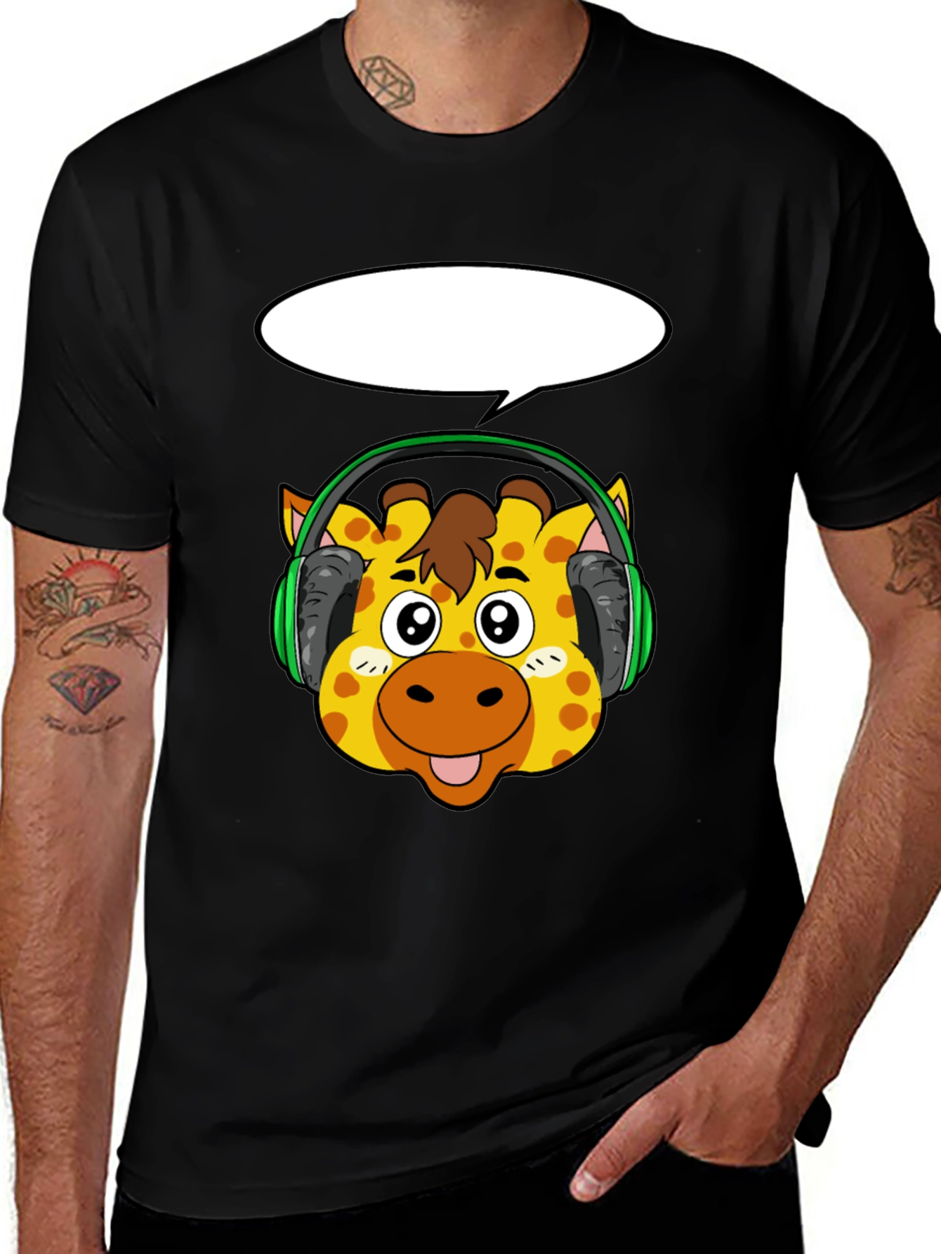 Giraffe Headphone Graphic Black T-Shirt