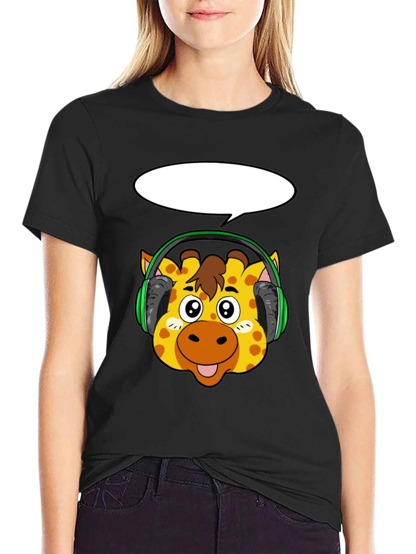 Giraffe Headphone Graphic Black T-Shirt