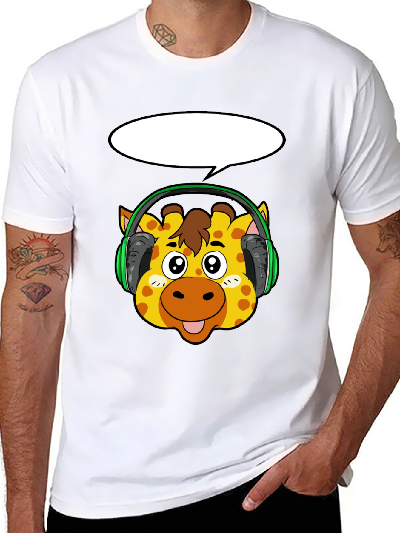 Giraffe Headphone Graphic Black T-Shirt