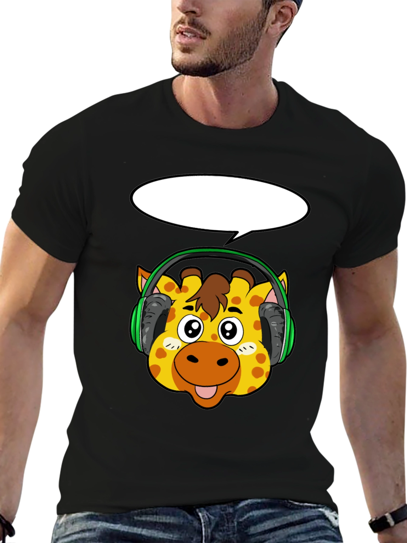 Giraffe Headphone Graphic Black T-Shirt