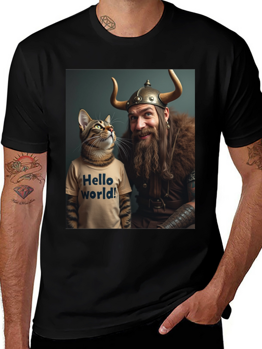 Funny Cat & Viking T-Shirt - Hello World Programmer Tee