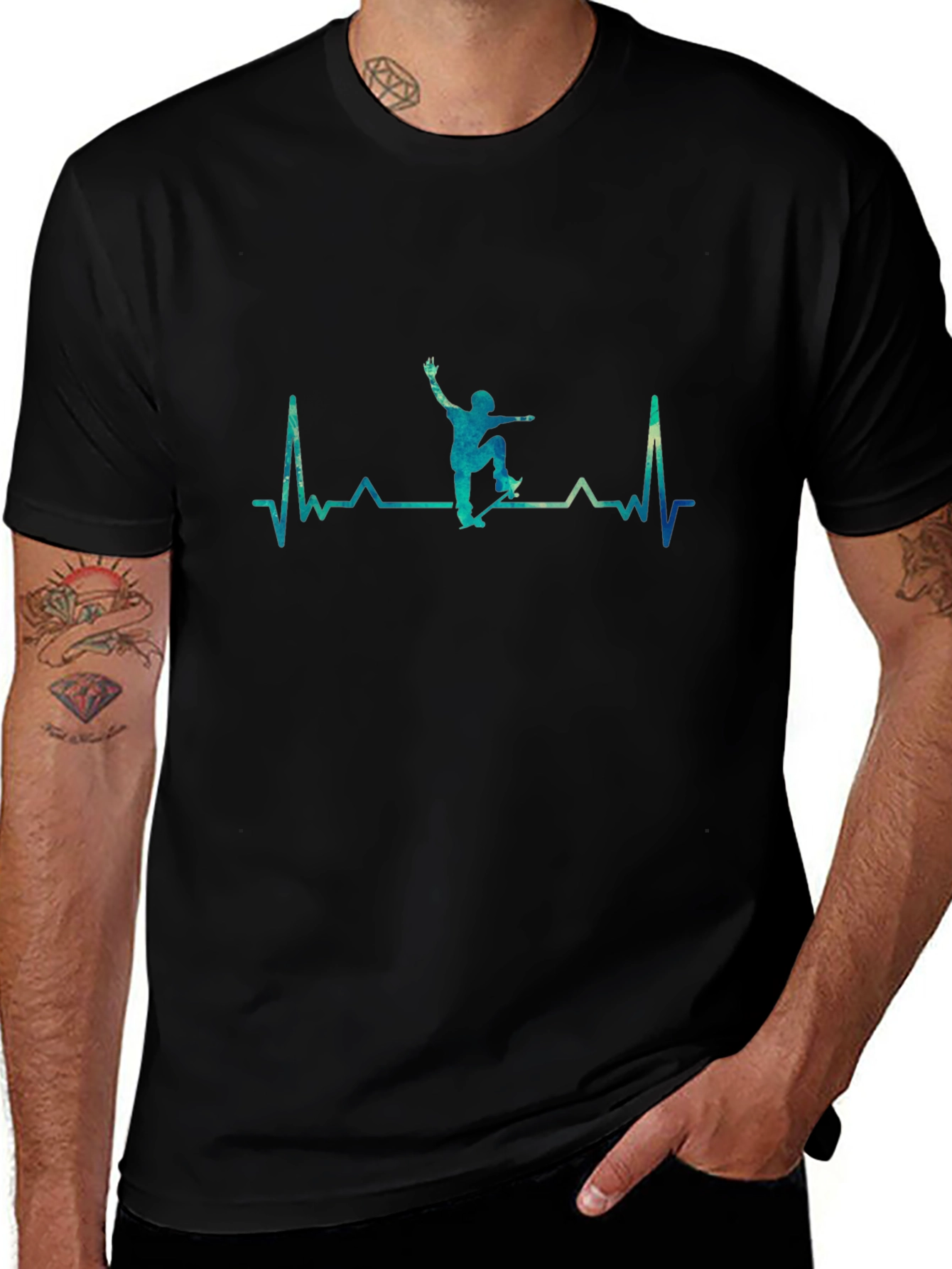 Skateboard Heartbeat Graphic Tee - Black Cotton Casual T-Shirt