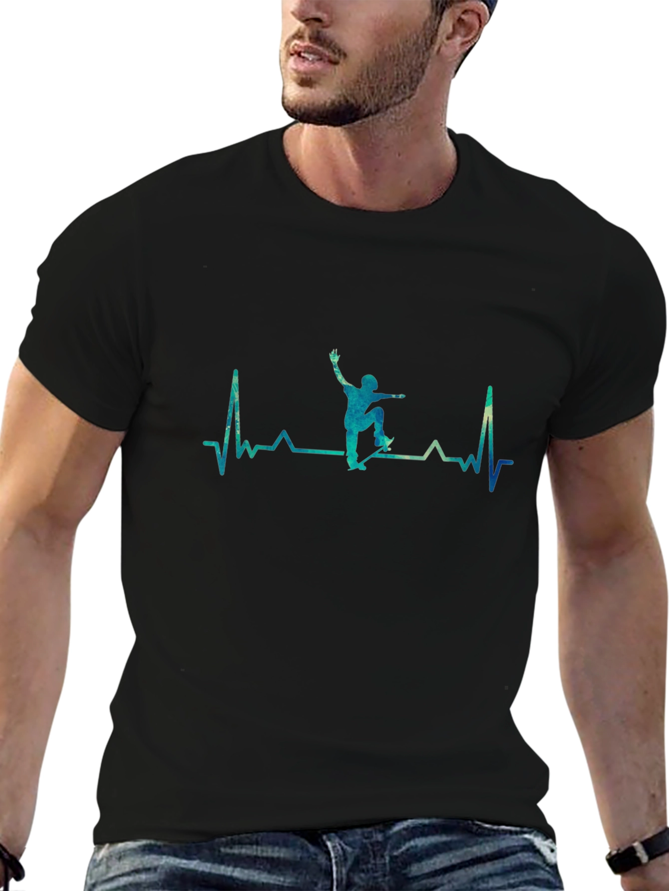 Skateboard Heartbeat Graphic Tee - Black Cotton Casual T-Shirt