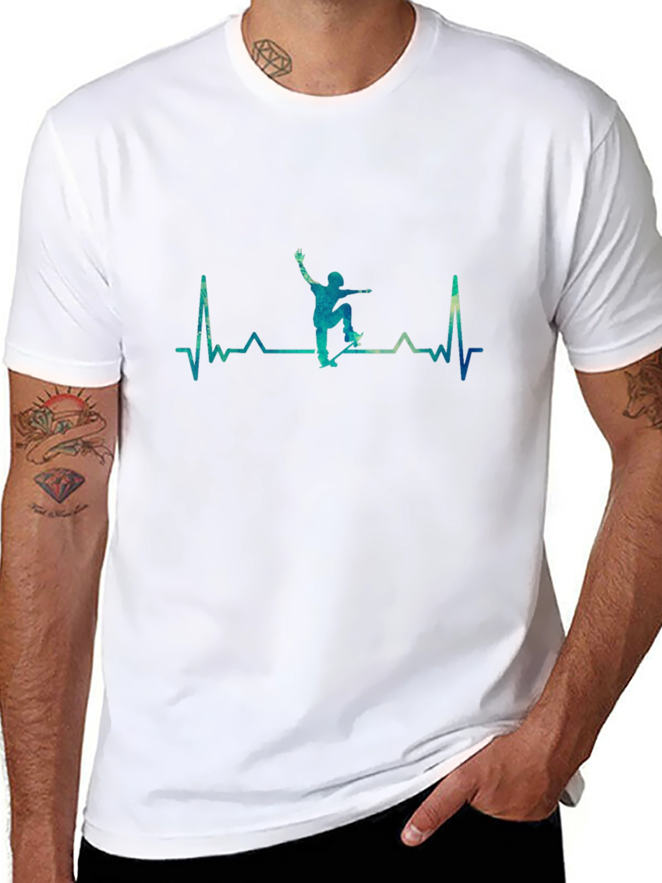 Skateboard Heartbeat Graphic Tee - Black Cotton Casual T-Shirt
