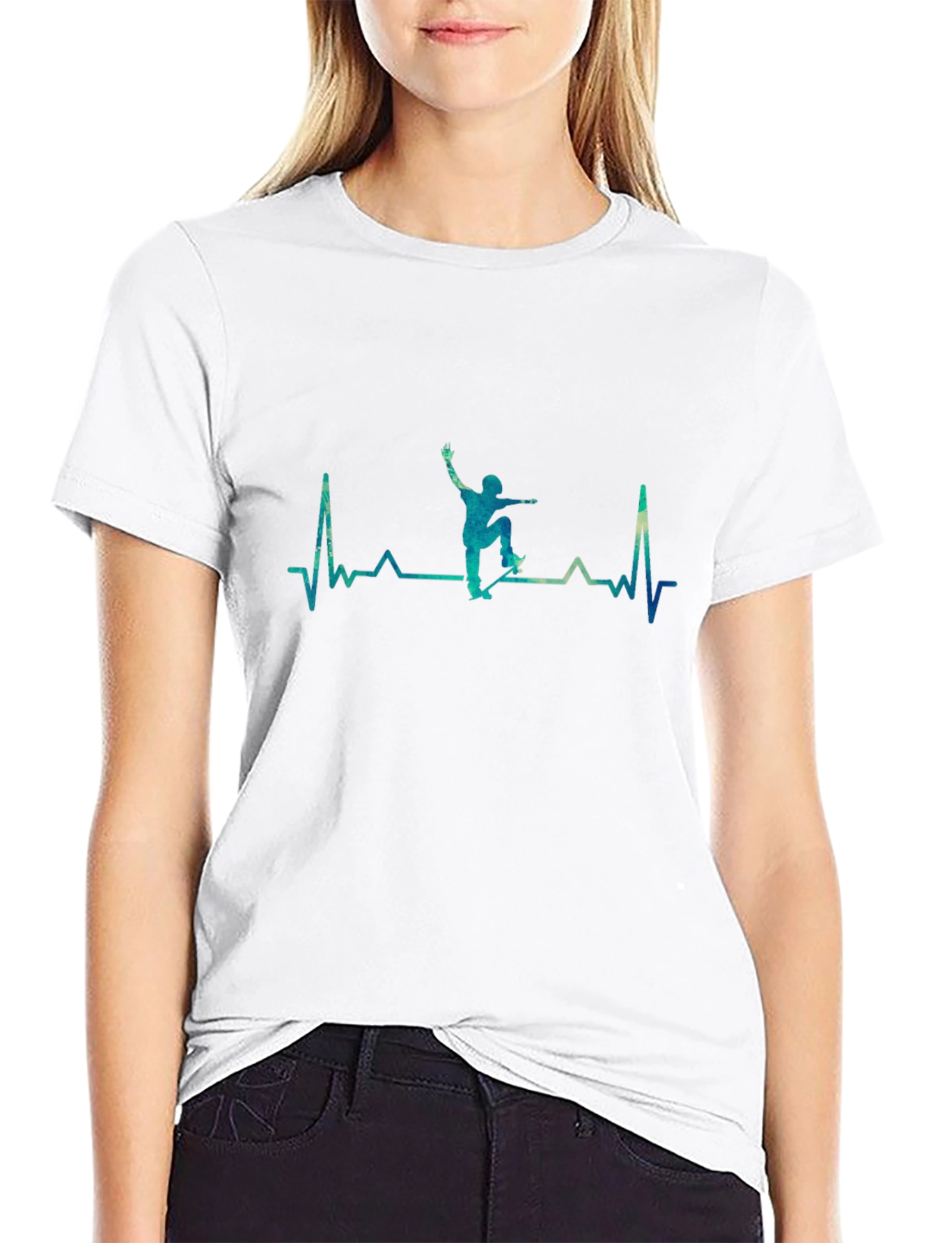 Skateboard Heartbeat Graphic Tee - Black Cotton Casual T-Shirt