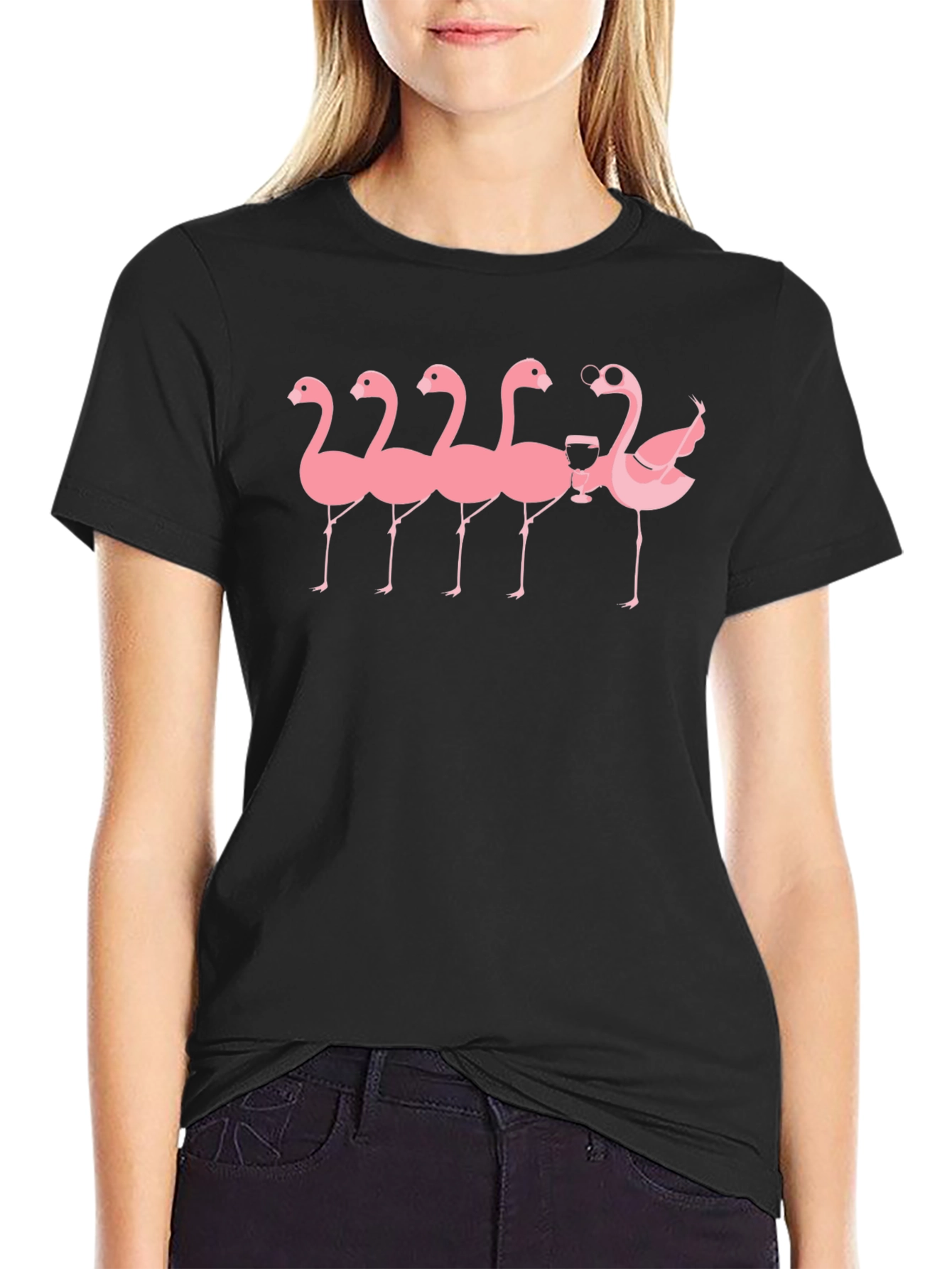 Black T-Shirt with Flamingo Graphic