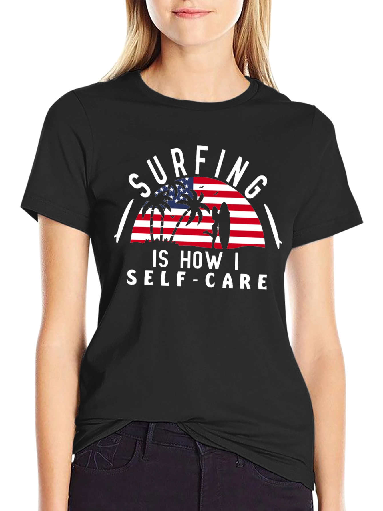 Surfing Self-Care Graphic Tee - Black Cotton T-Shirt