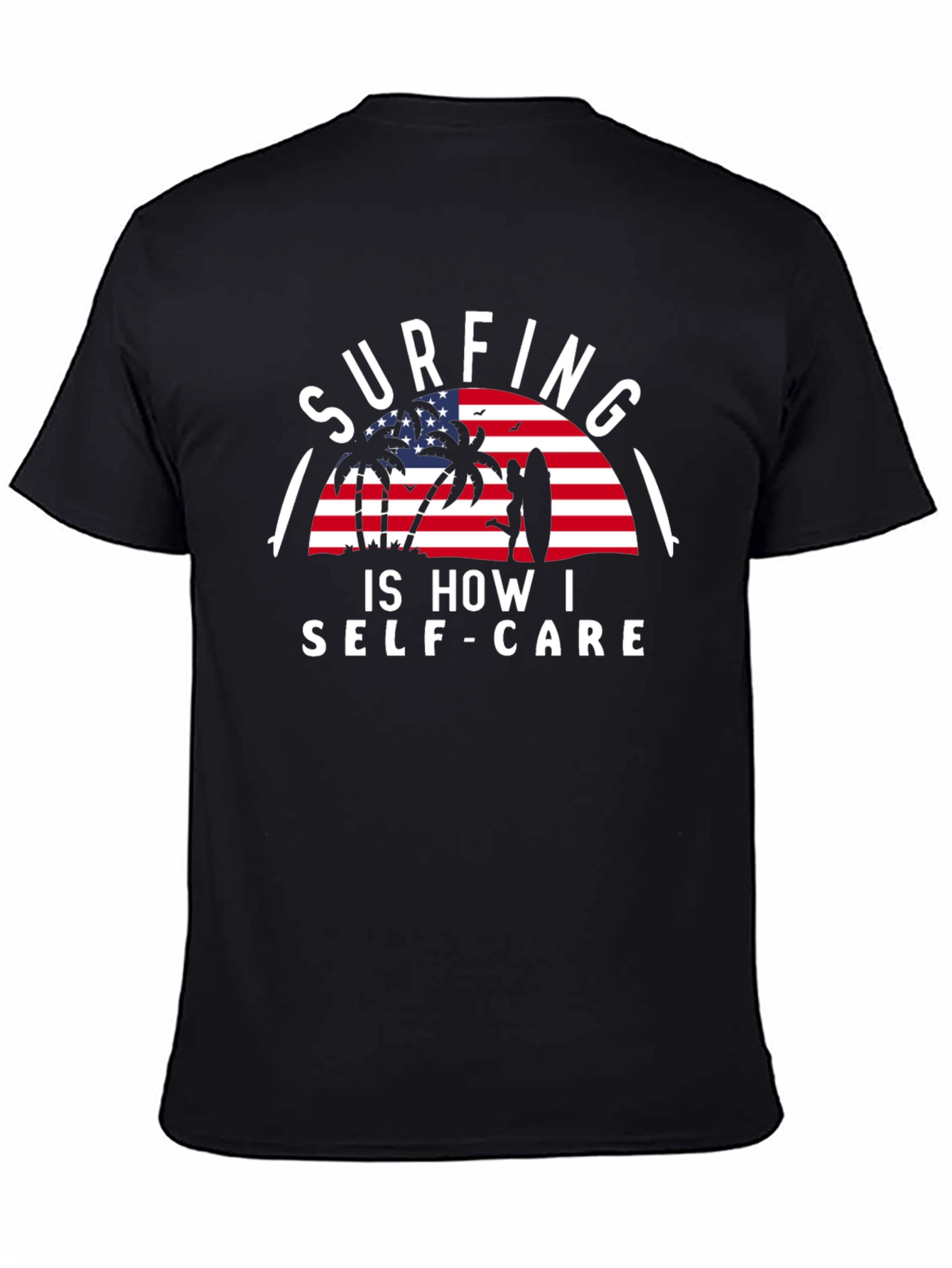 Surfing Self-Care Graphic Tee - Black Cotton T-Shirt