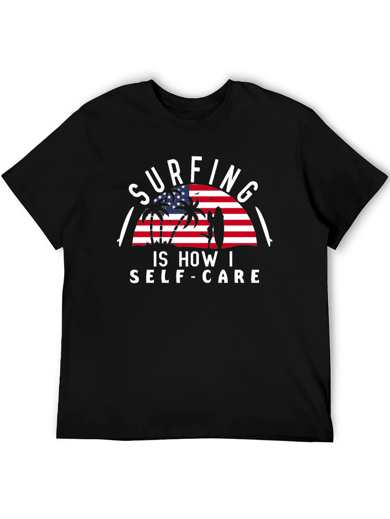 Surfing Self-Care Graphic Tee - Black Cotton T-Shirt