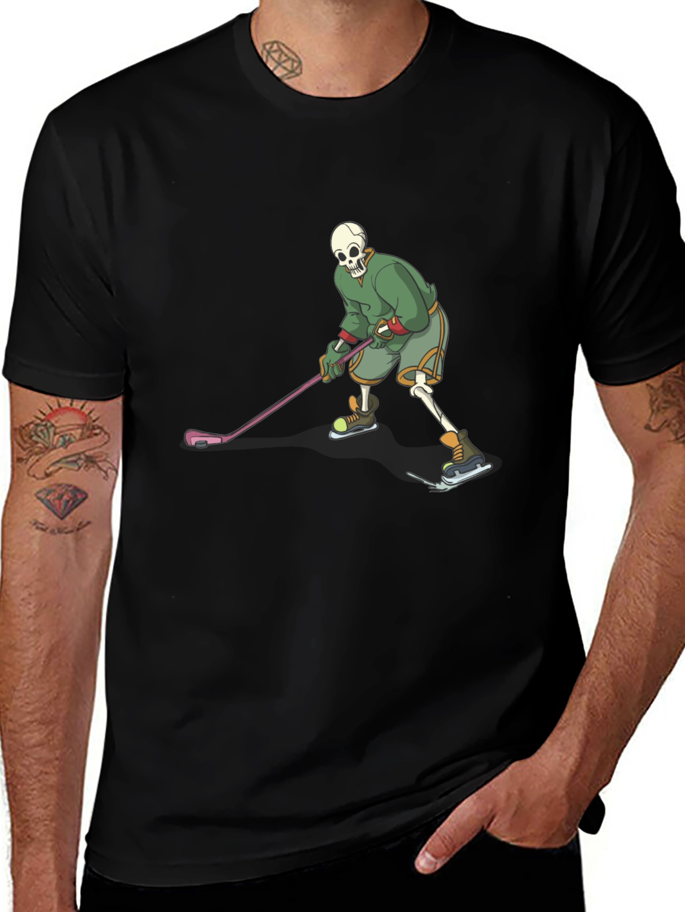 Skeleton Hockey Player Graphic Tee - Black