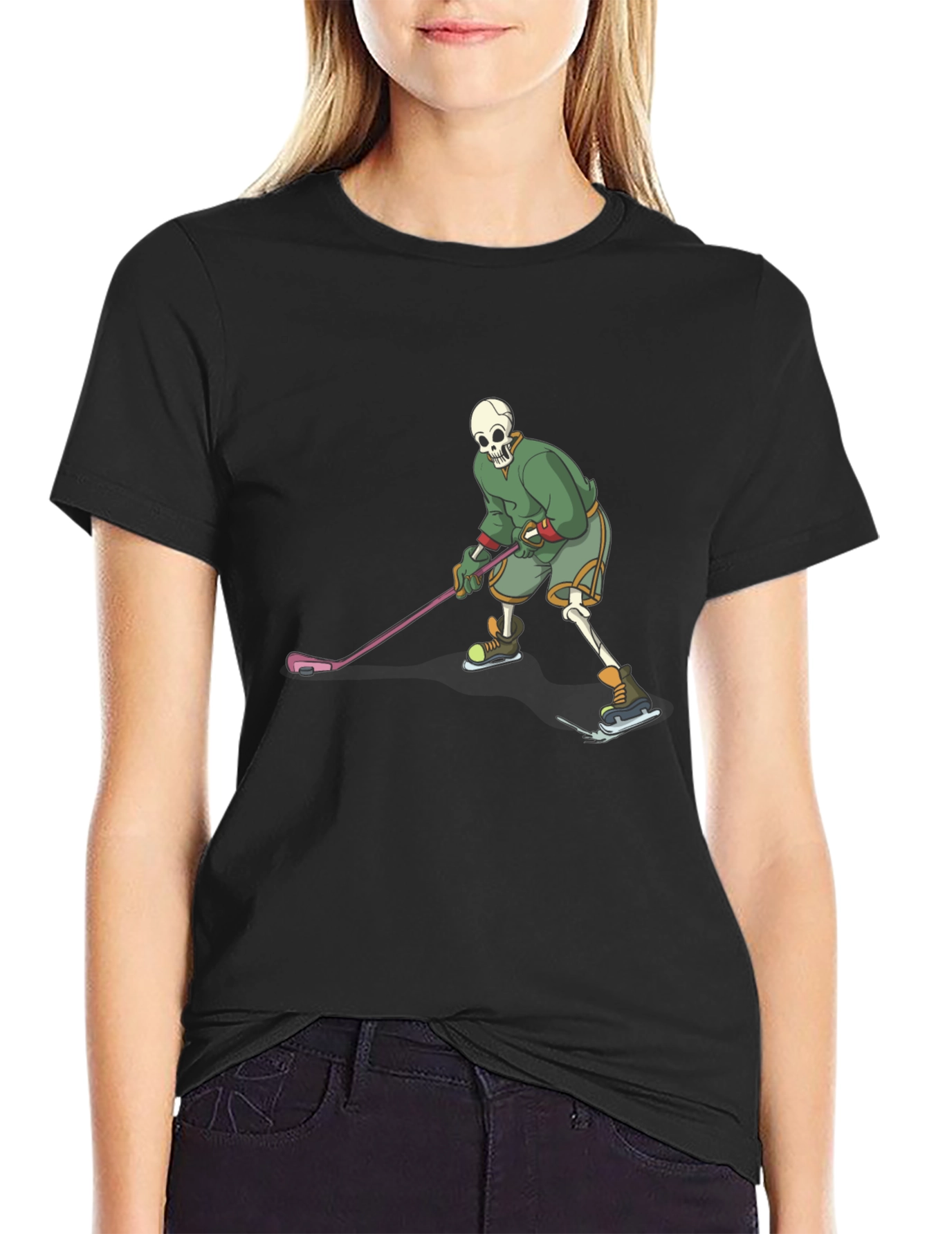 Skeleton Hockey Player Graphic Tee - Black