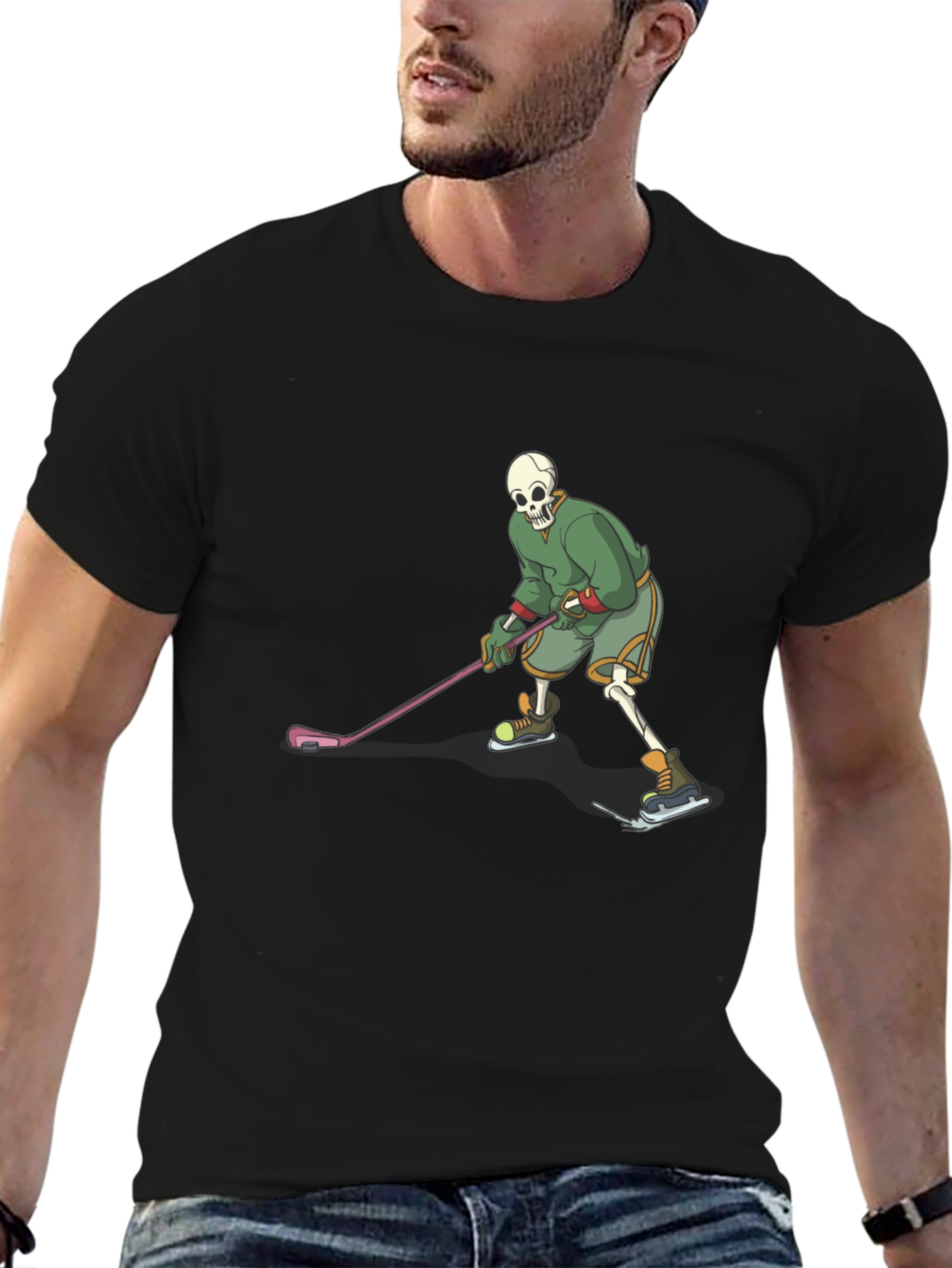 Skeleton Hockey Player Graphic Tee - Black