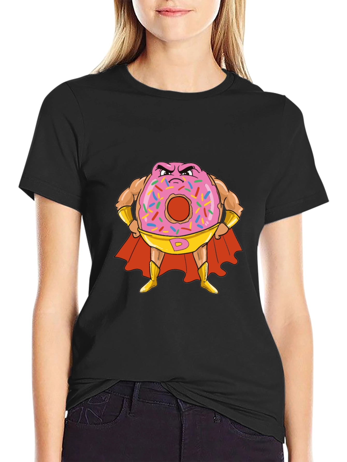 Donut Superhero Graphic Tee - Black Cotton T-Shirt