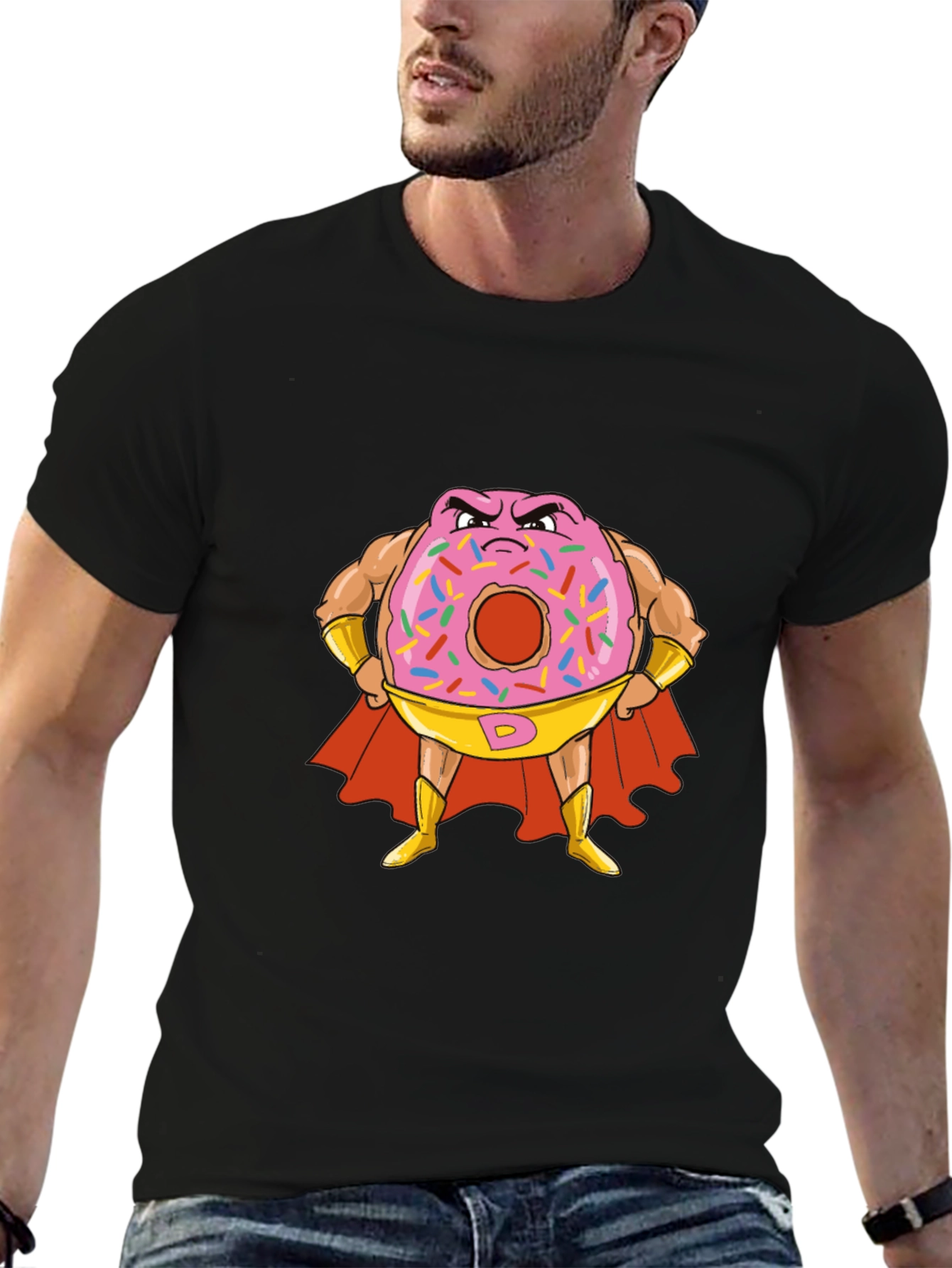 Donut Superhero Graphic Tee - Black Cotton T-Shirt