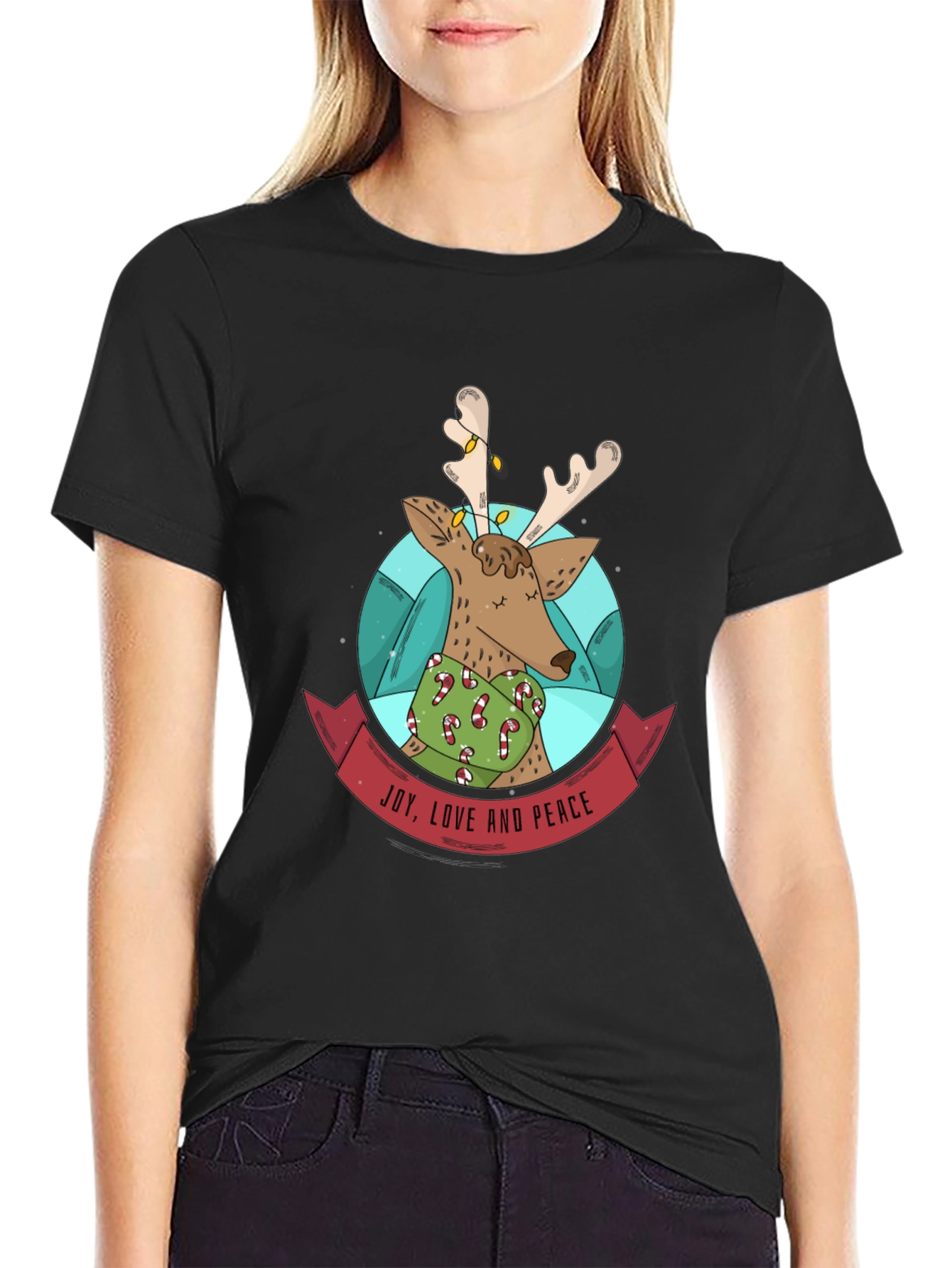 Festive Reindeer T-Shirt: Joy Love & Peace