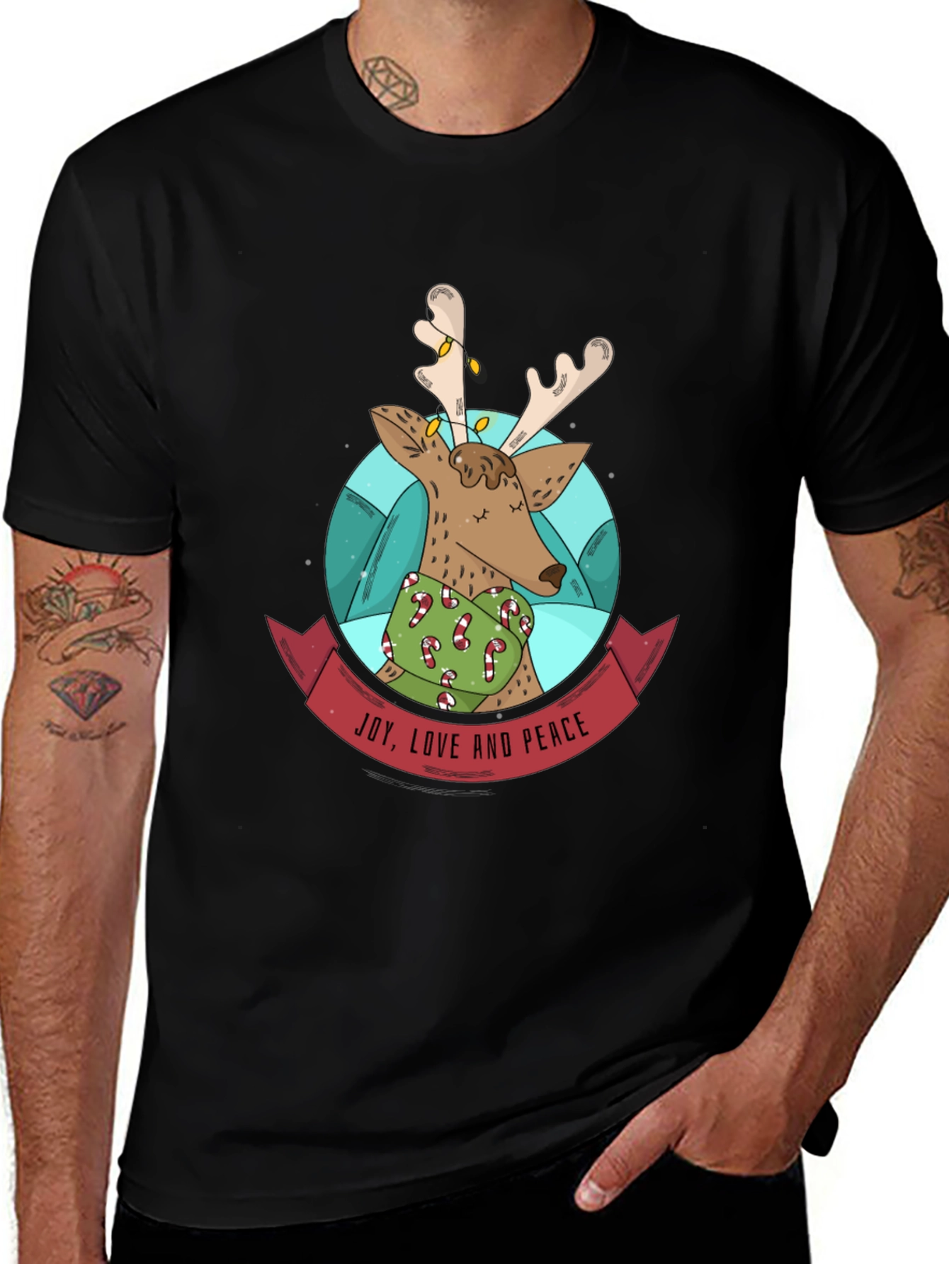 Festive Reindeer T-Shirt: Joy Love & Peace