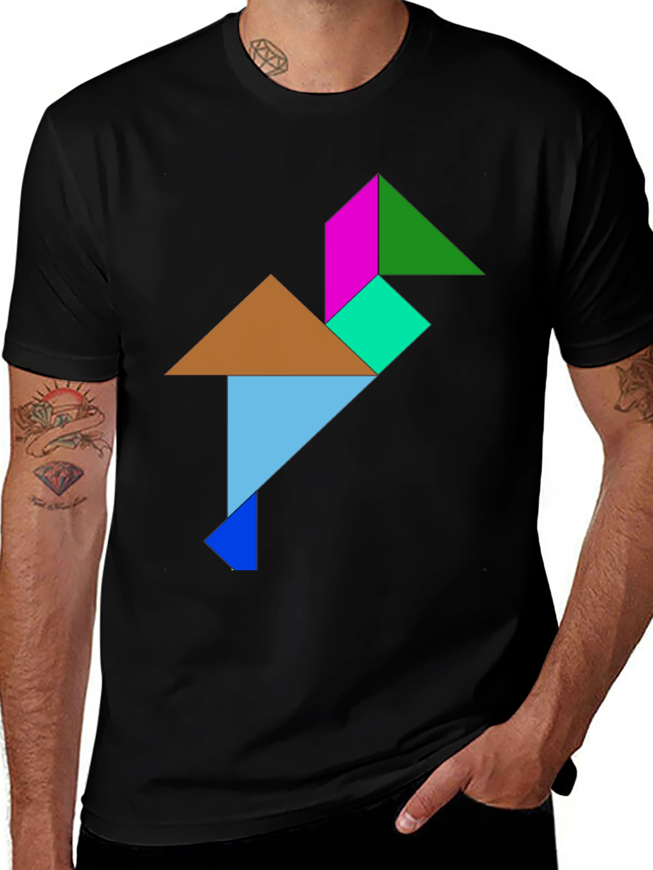 Geometric Tangram Bird Graphic Tee - Black