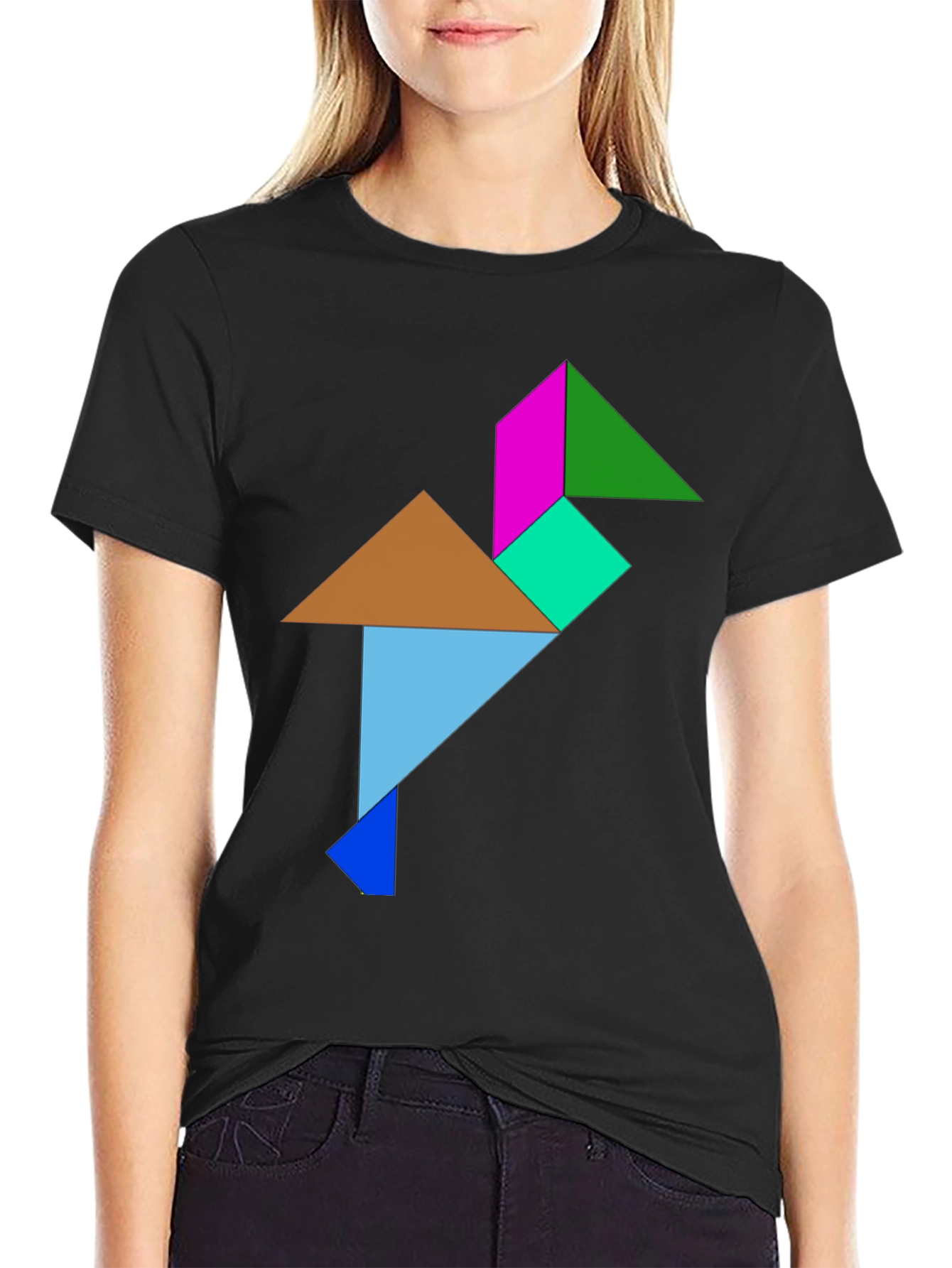 Geometric Tangram Bird Graphic Tee - Black