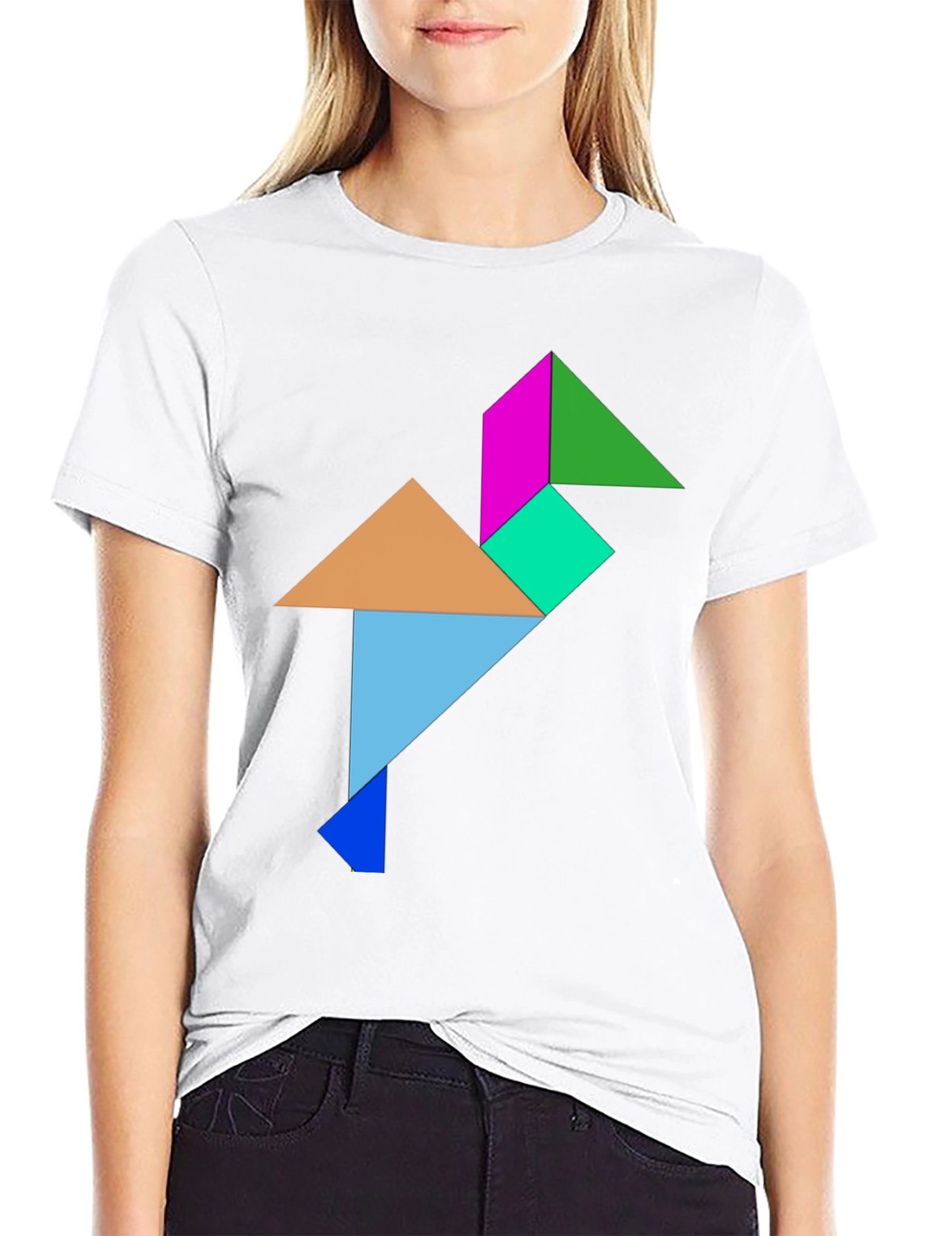 Geometric Tangram Bird Graphic Tee - Black