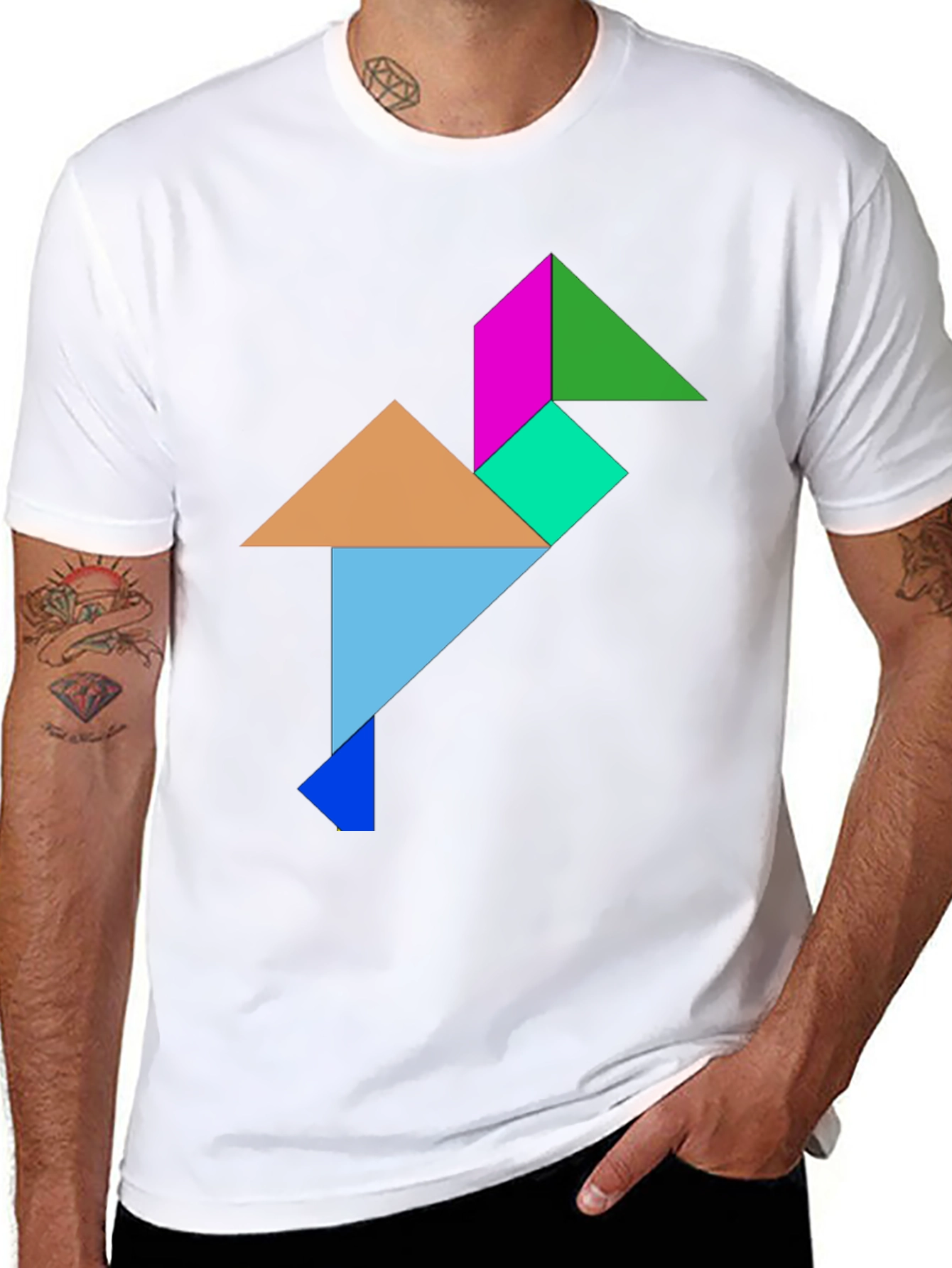 Geometric Tangram Bird Graphic Tee - Black