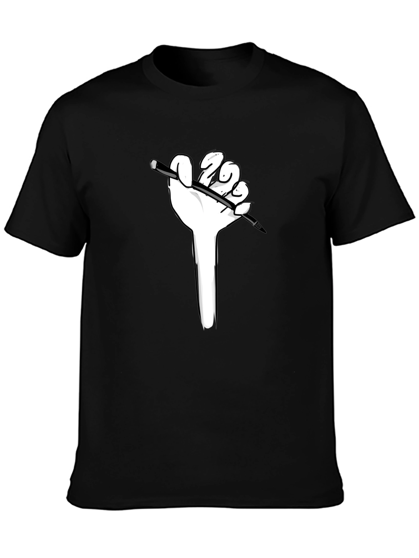 Hand Holding Pen Graphic Tee - Black Cotton Shirt
