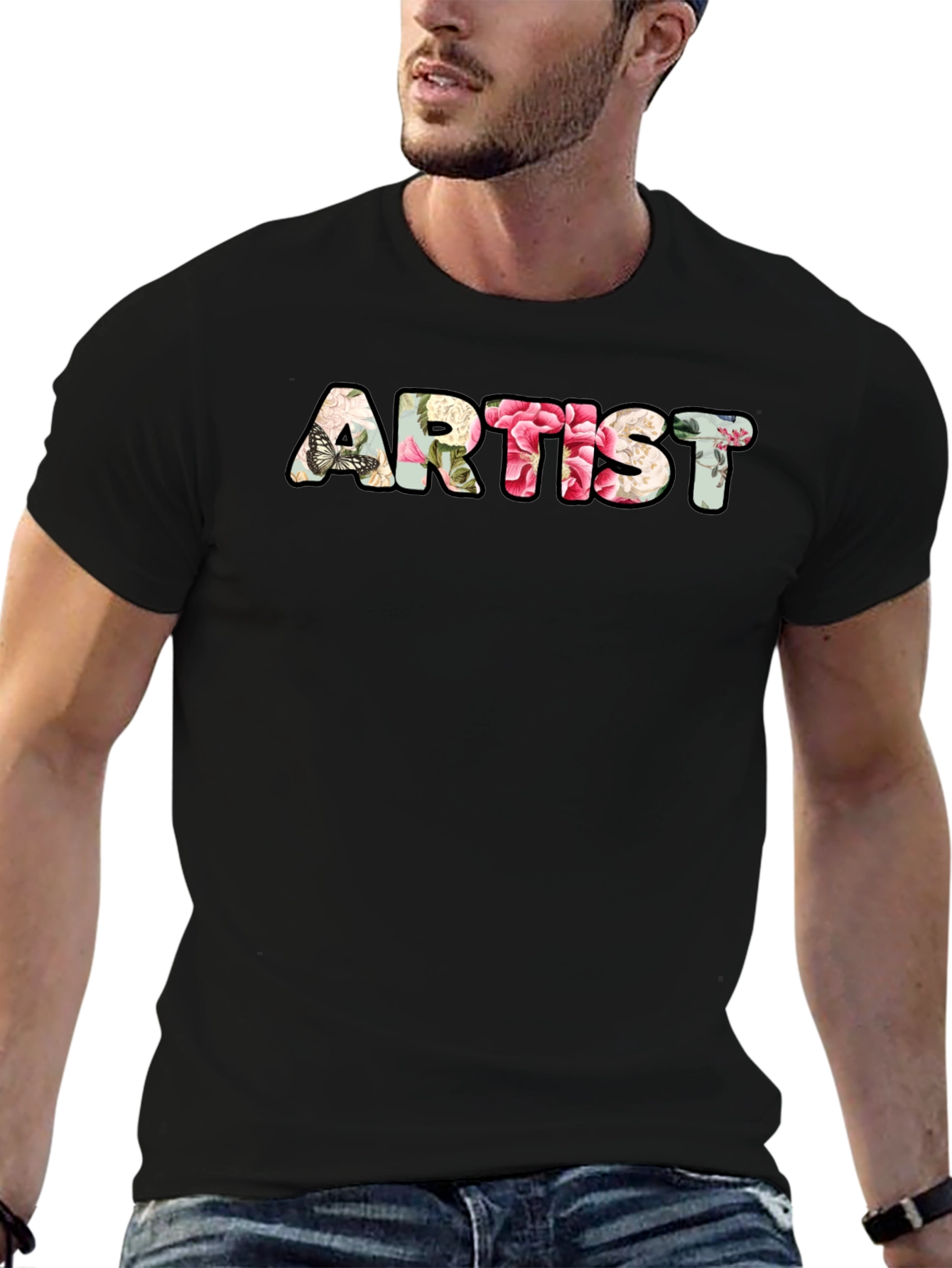 Floral Artist T-Shirt - Black Crew Neck Tee