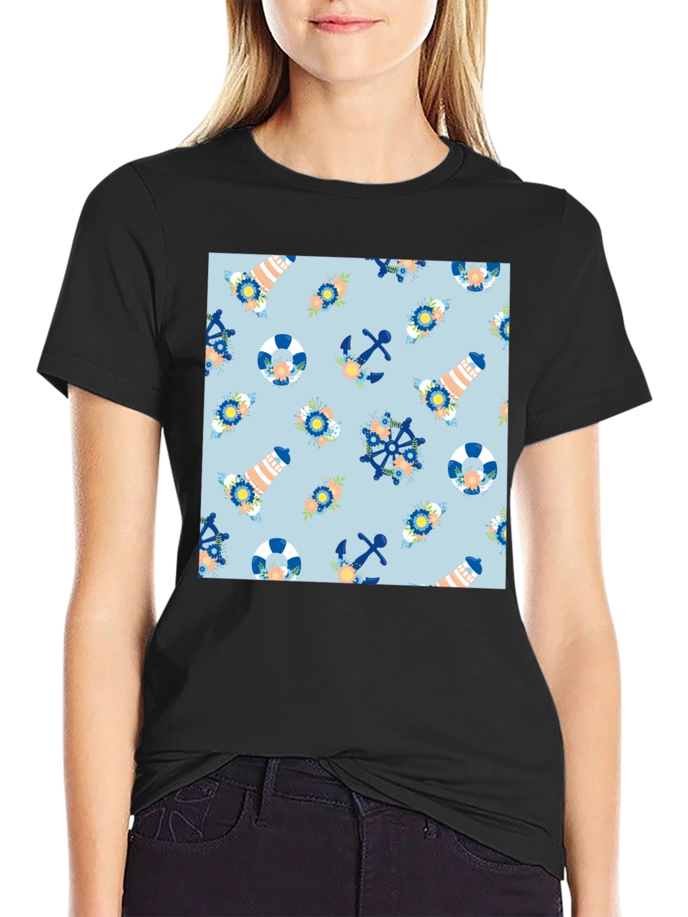 Nautical Pattern Black T-Shirt