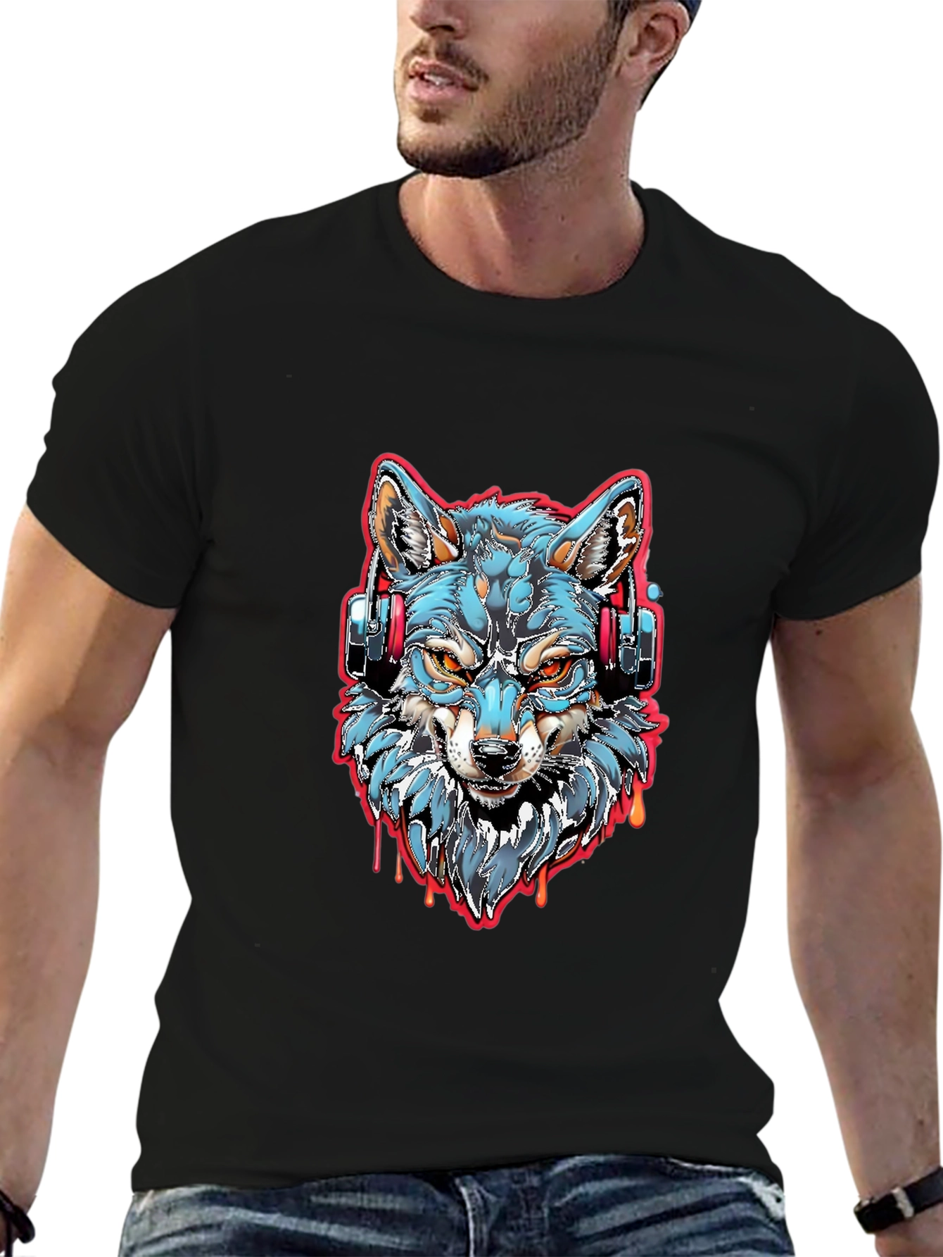 Wolf Headphones Graphic Tee - Cool Black Shirt