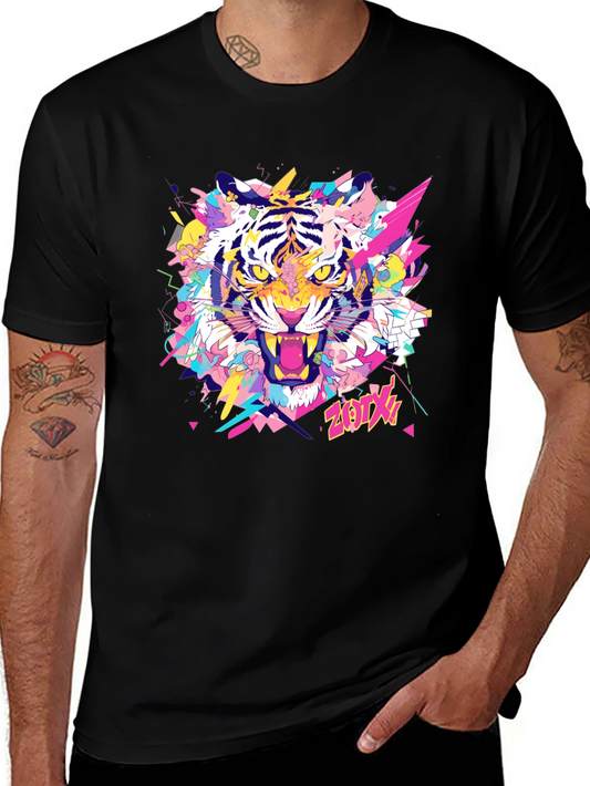 Vibrant Tiger Graphic Tee - Stylish Black Cotton T-Shirt
