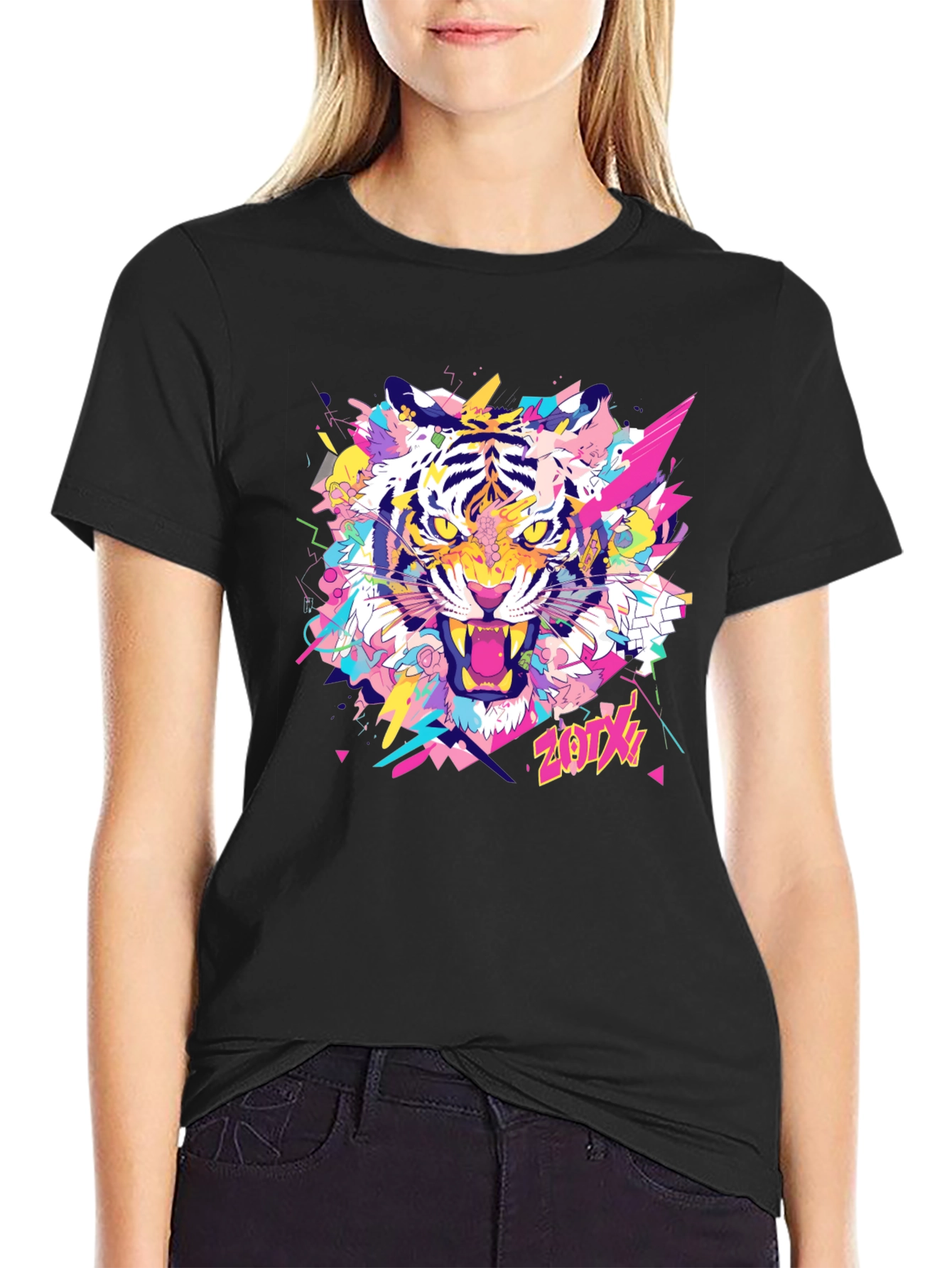 Vibrant Tiger Graphic Tee - Stylish Black Cotton T-Shirt