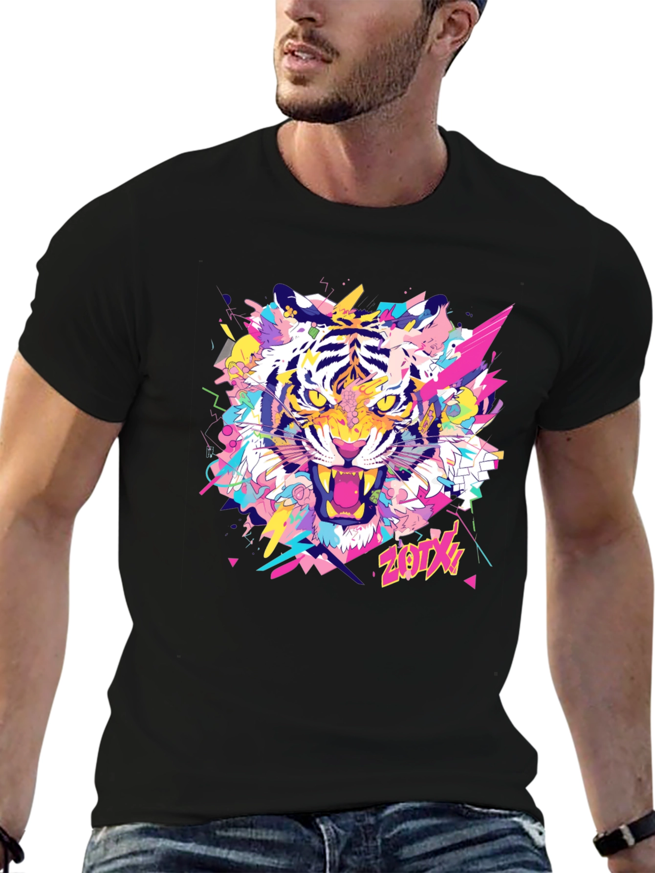 Vibrant Tiger Graphic Tee - Stylish Black Cotton T-Shirt
