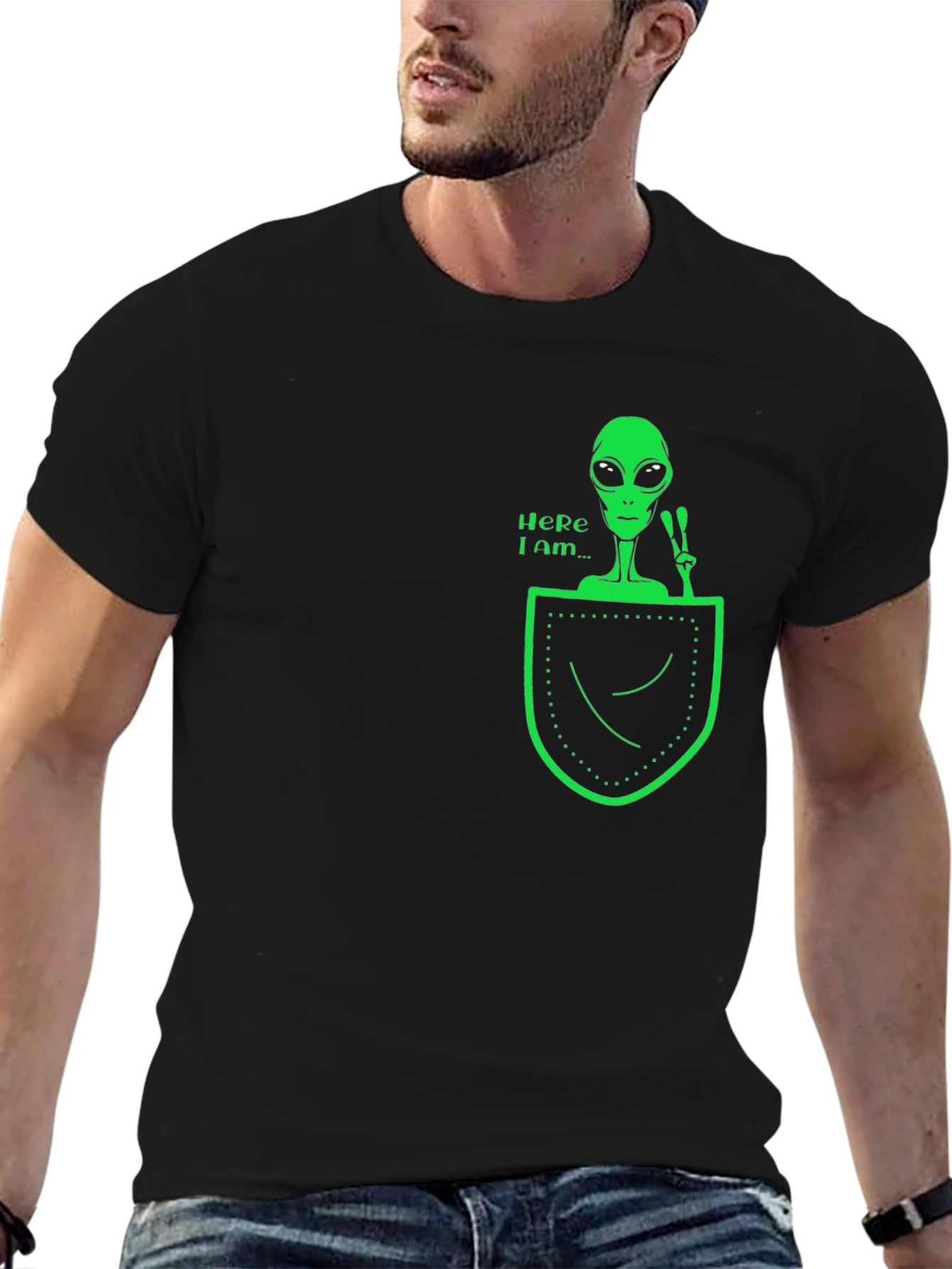 Alien in Pocket Graphic Tee - Black Cotton T-Shirt