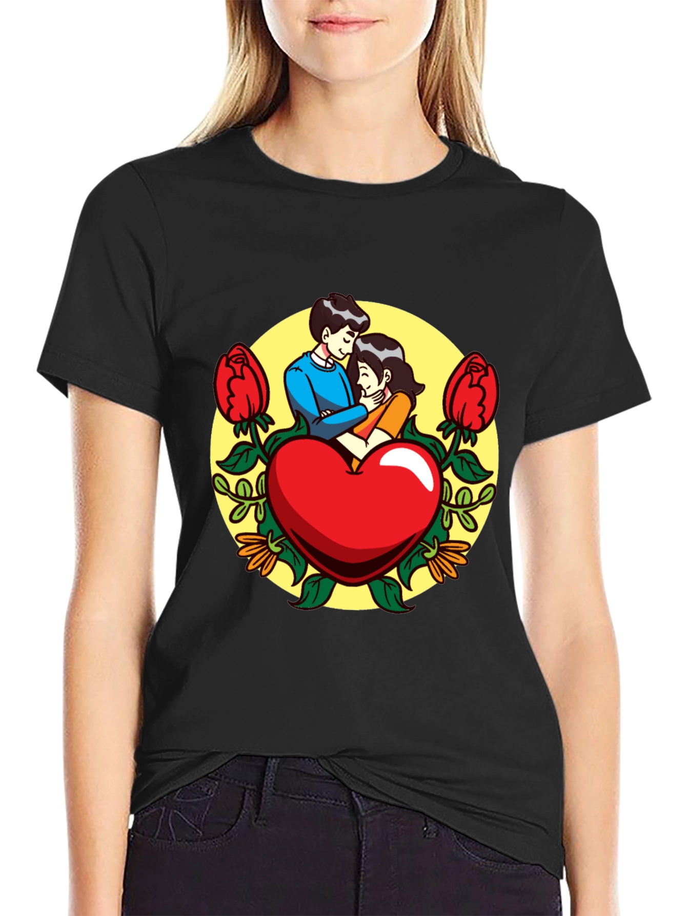 Romantic Couple Heart Graphic Black T-Shirt
