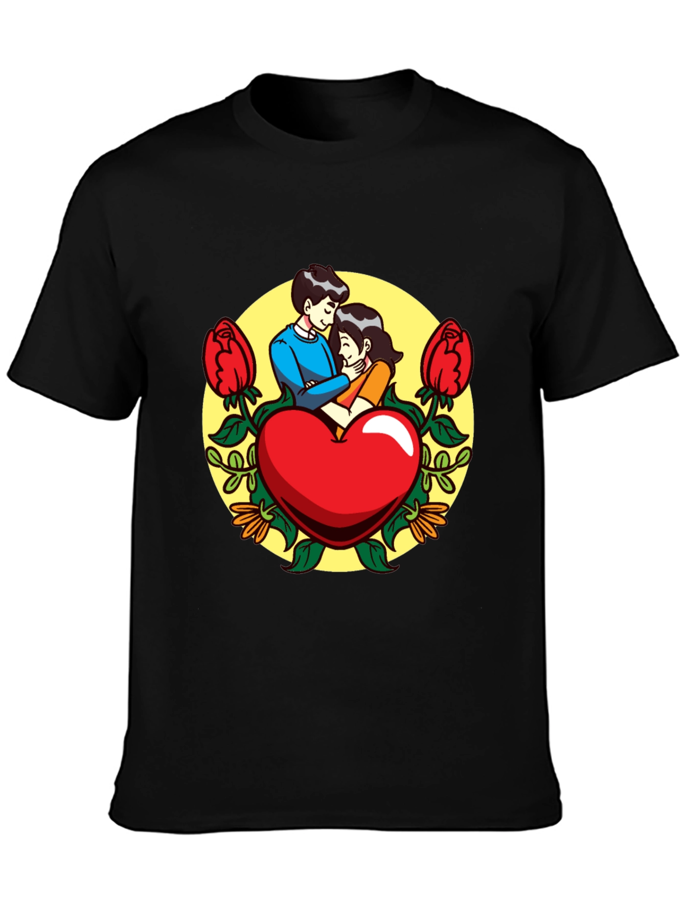 Romantic Couple Heart Graphic Black T-Shirt