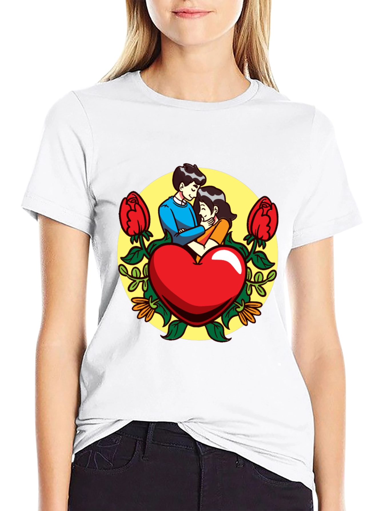Romantic Couple Heart Graphic Black T-Shirt