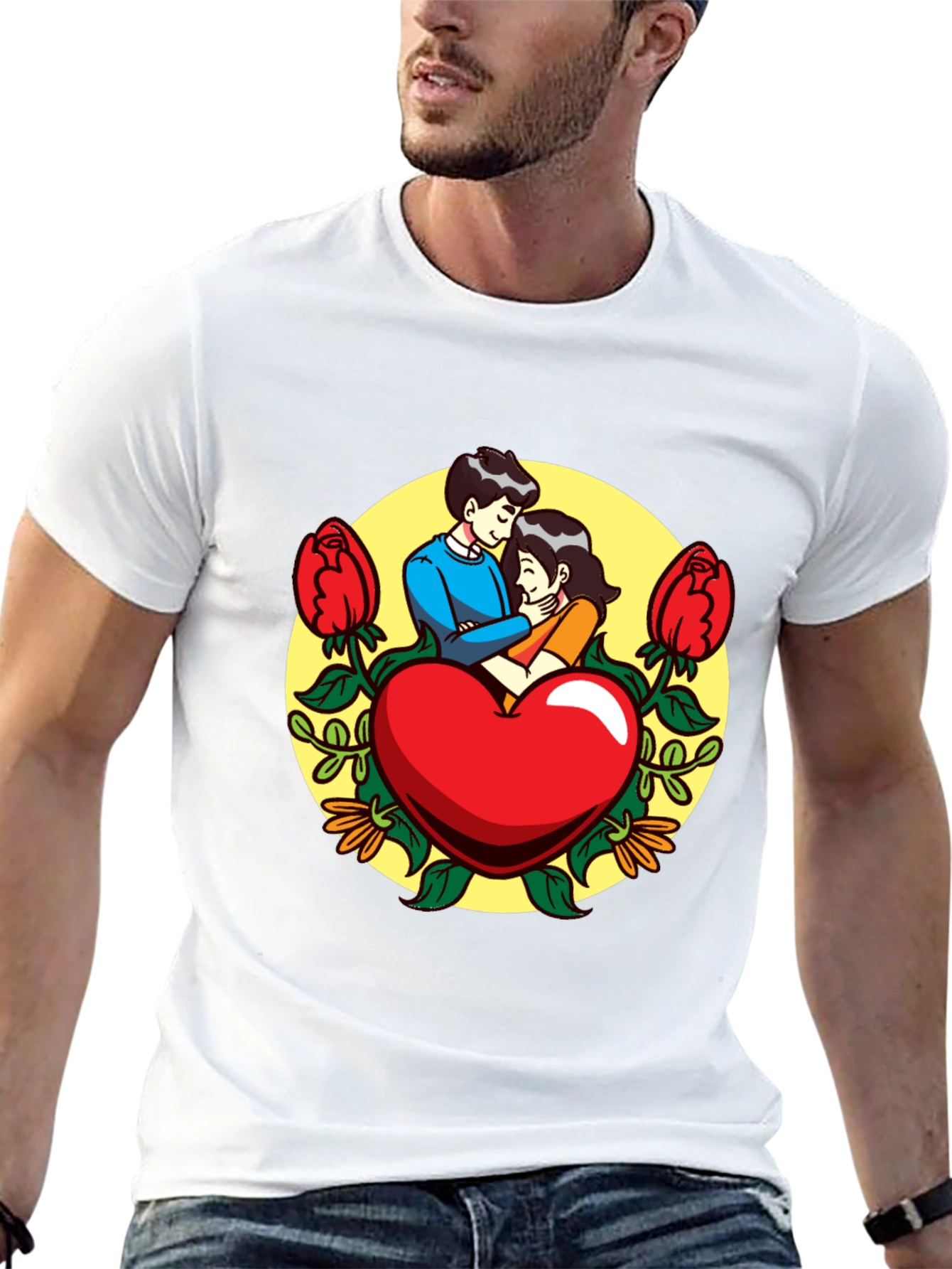 Romantic Couple Heart Graphic Black T-Shirt