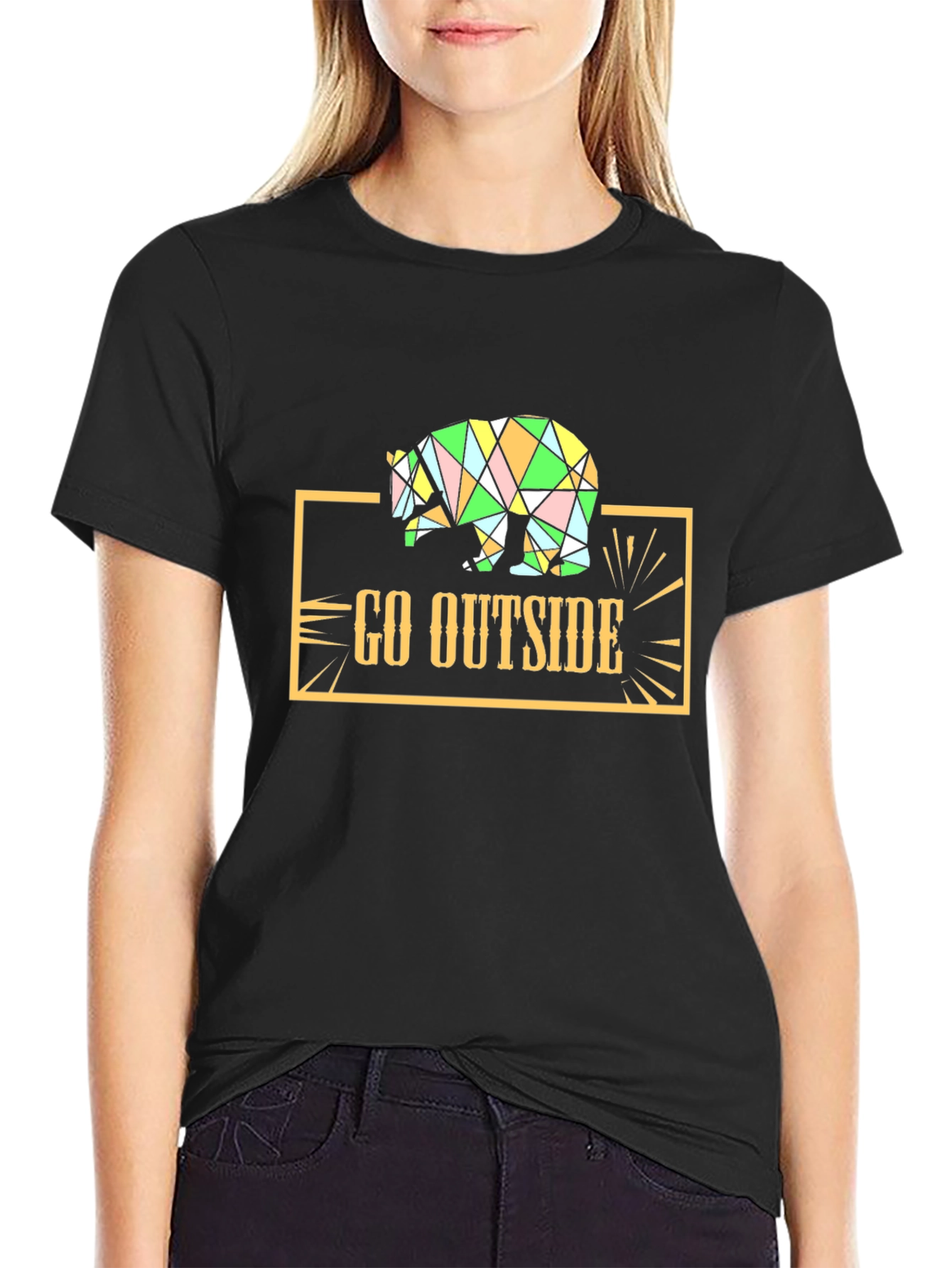 Go Outside Geometric Bear Graphic Tee - Black