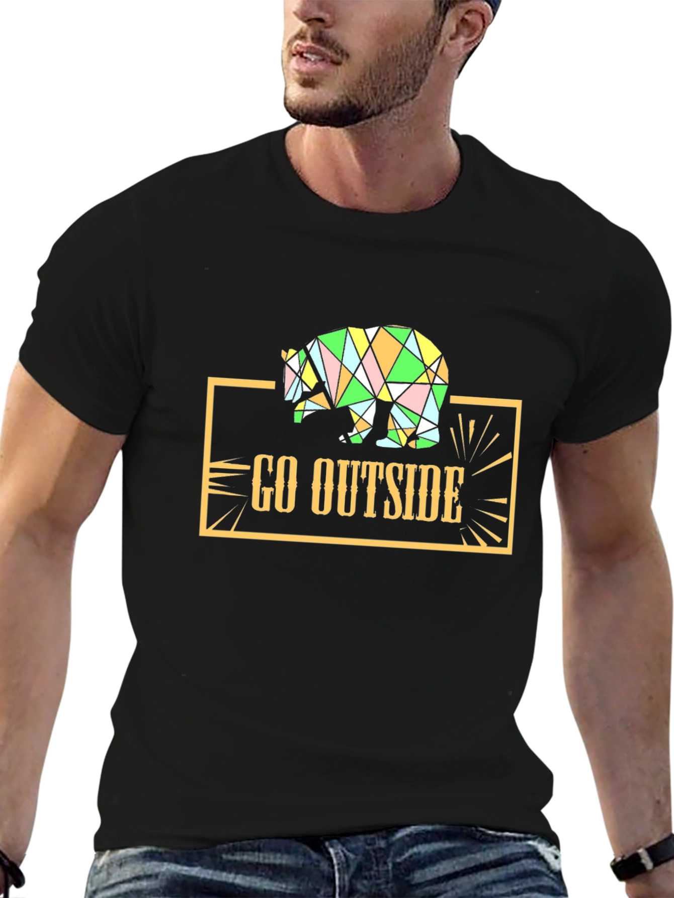 Go Outside Geometric Bear Graphic Tee - Black