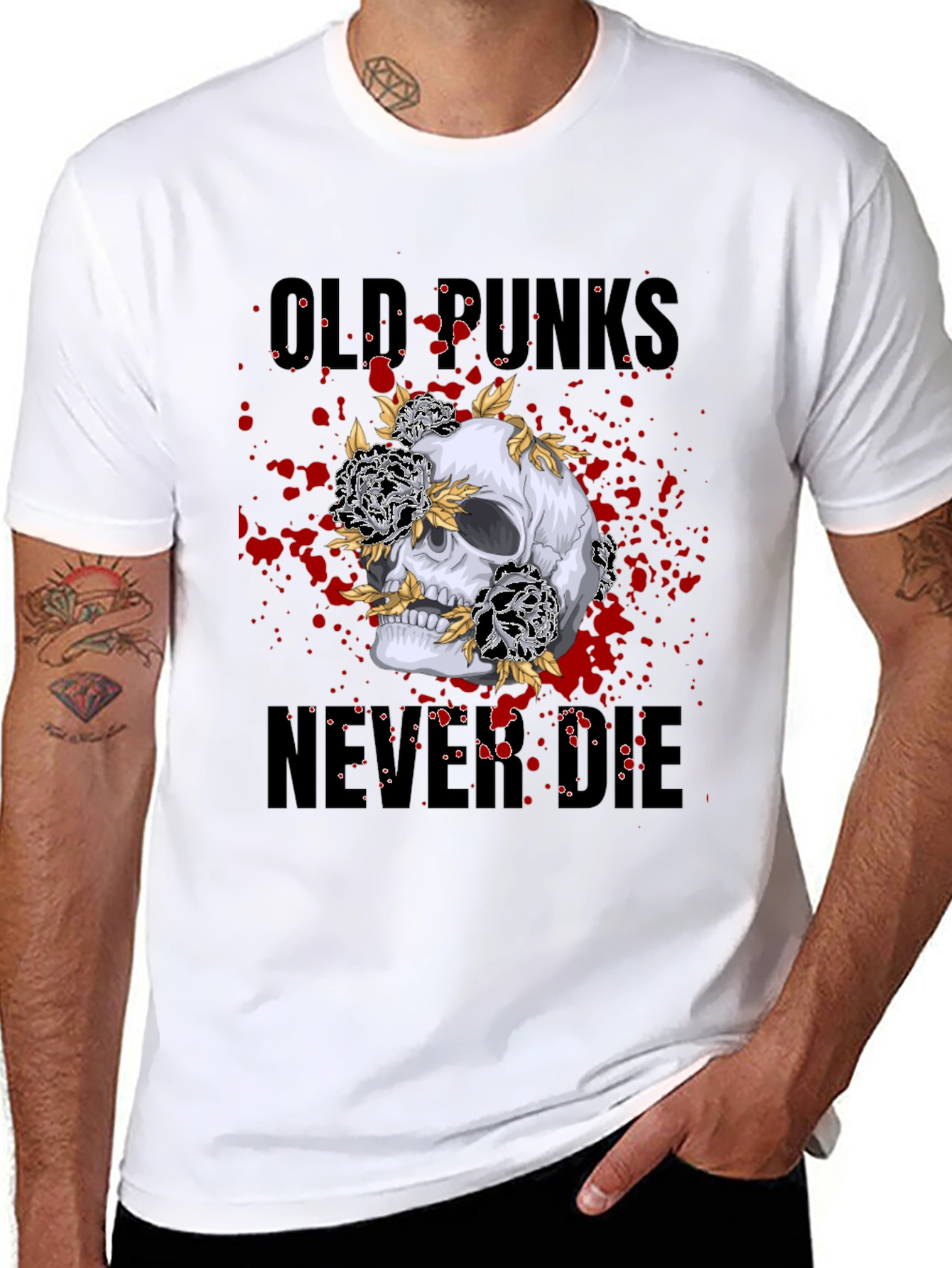 Skull & Flowers Old Punks Never Die Graphic Tee