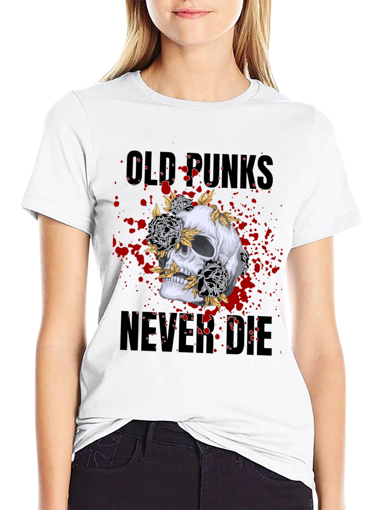 Skull & Flowers Old Punks Never Die Graphic Tee