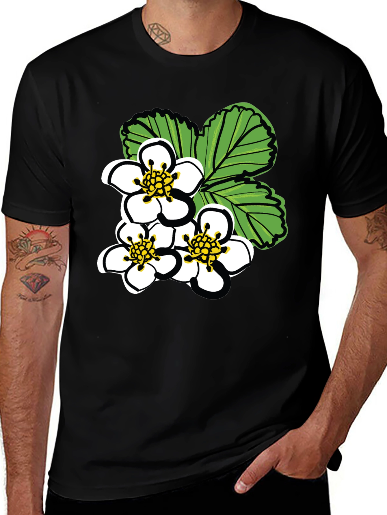 Floral Graphic Tee - White Blossoms on Black
