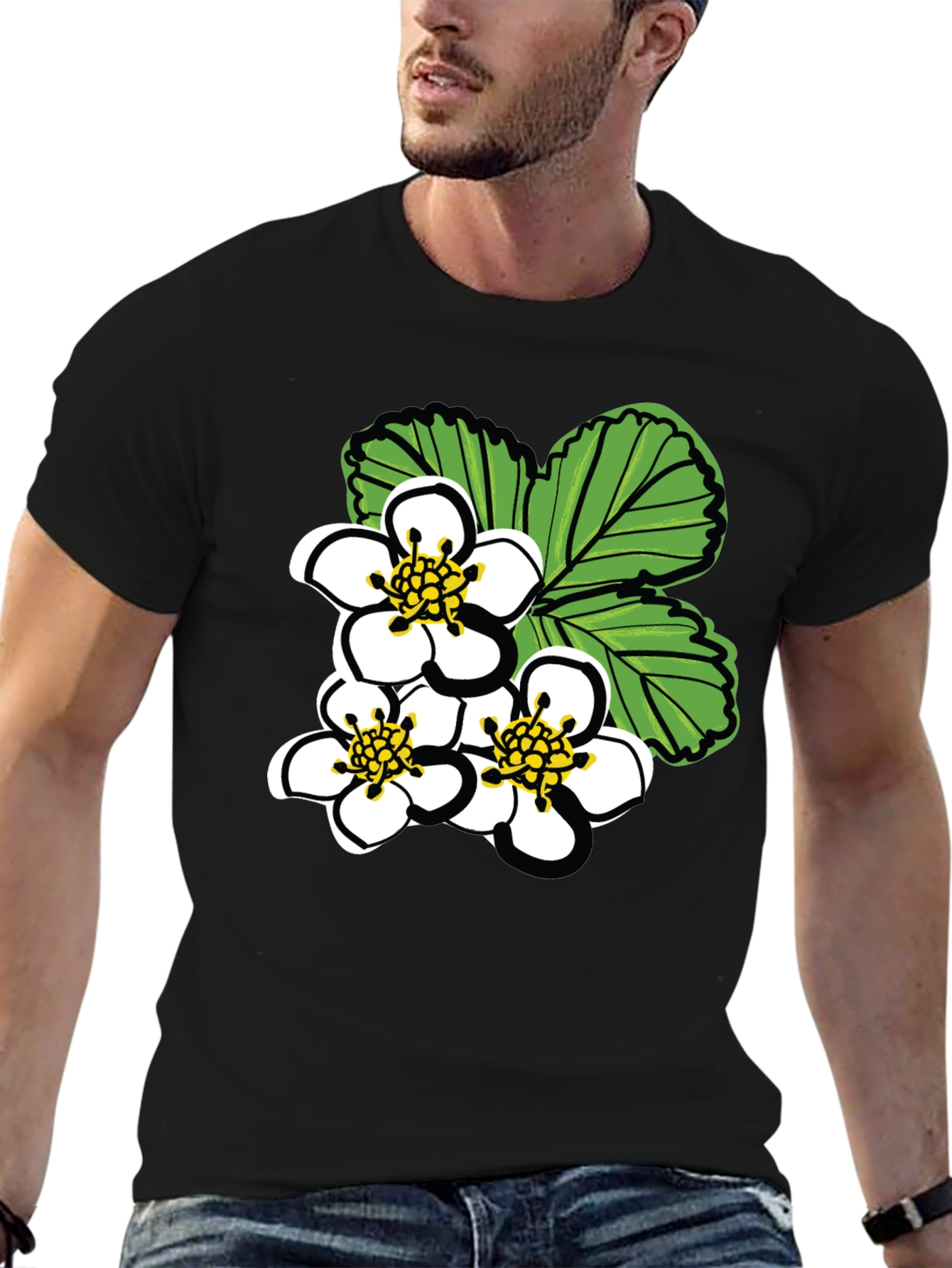 Floral Graphic Tee - White Blossoms on Black
