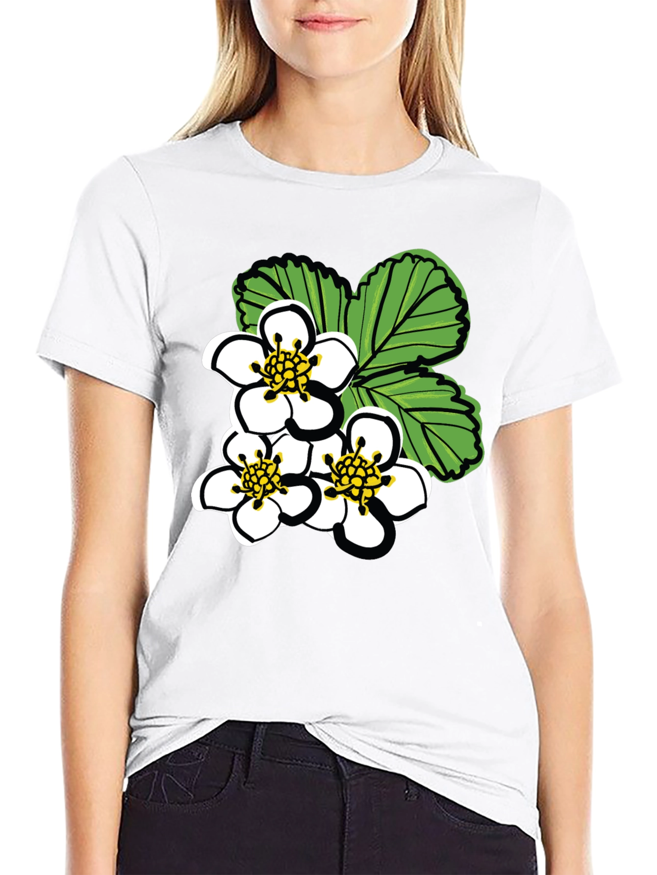 Floral Graphic Tee - White Blossoms on Black