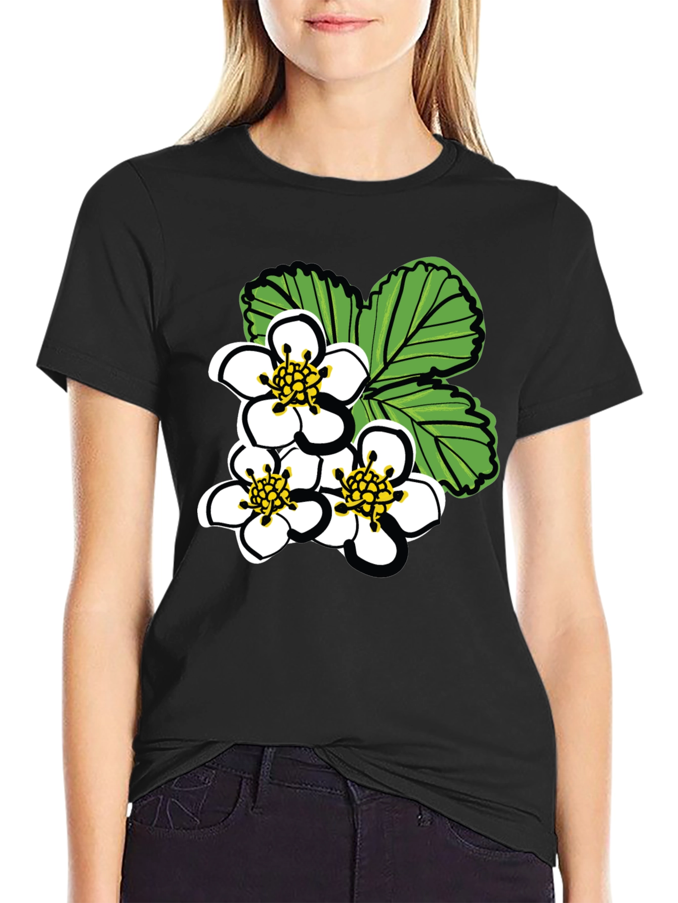 Floral Graphic Tee - White Blossoms on Black